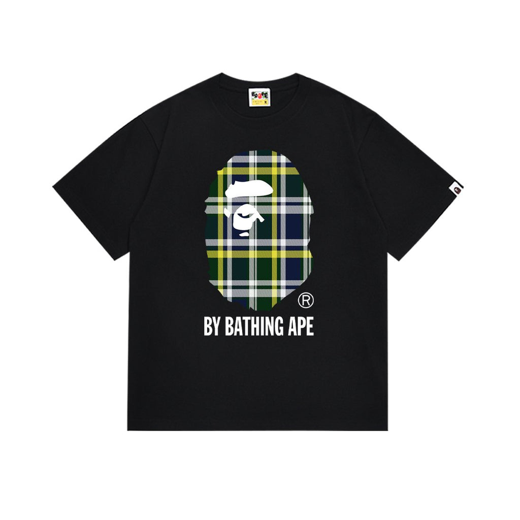 BAPE Green/Yellow Plaid Ape Head Graphic T-Shirt — hero