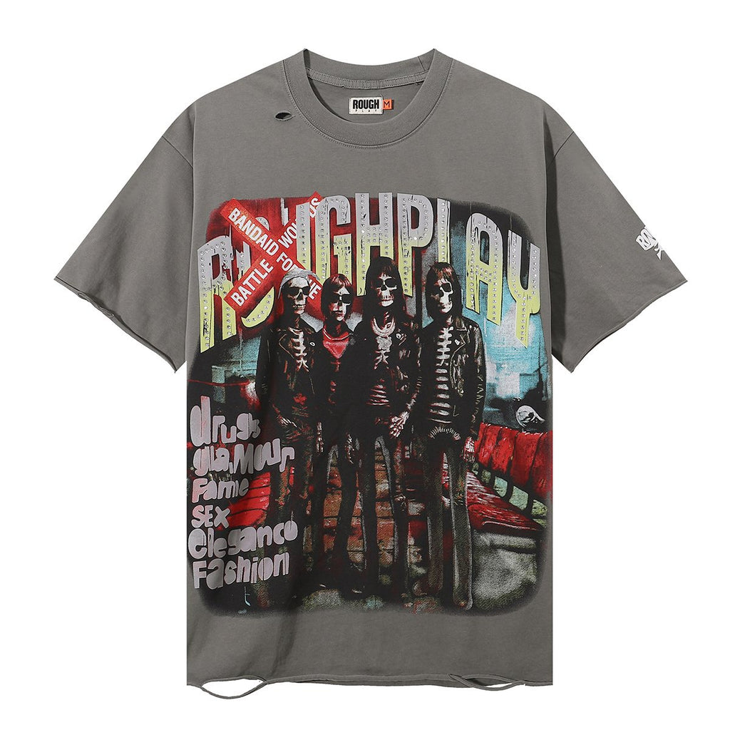 Rough Play Skeleton Rhinestone Distressed T-Shirt — front