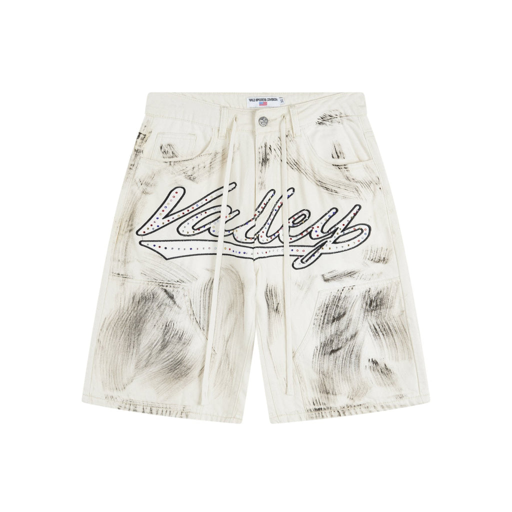 VALLEY Skittles Rhinestone Denim Shorts — front