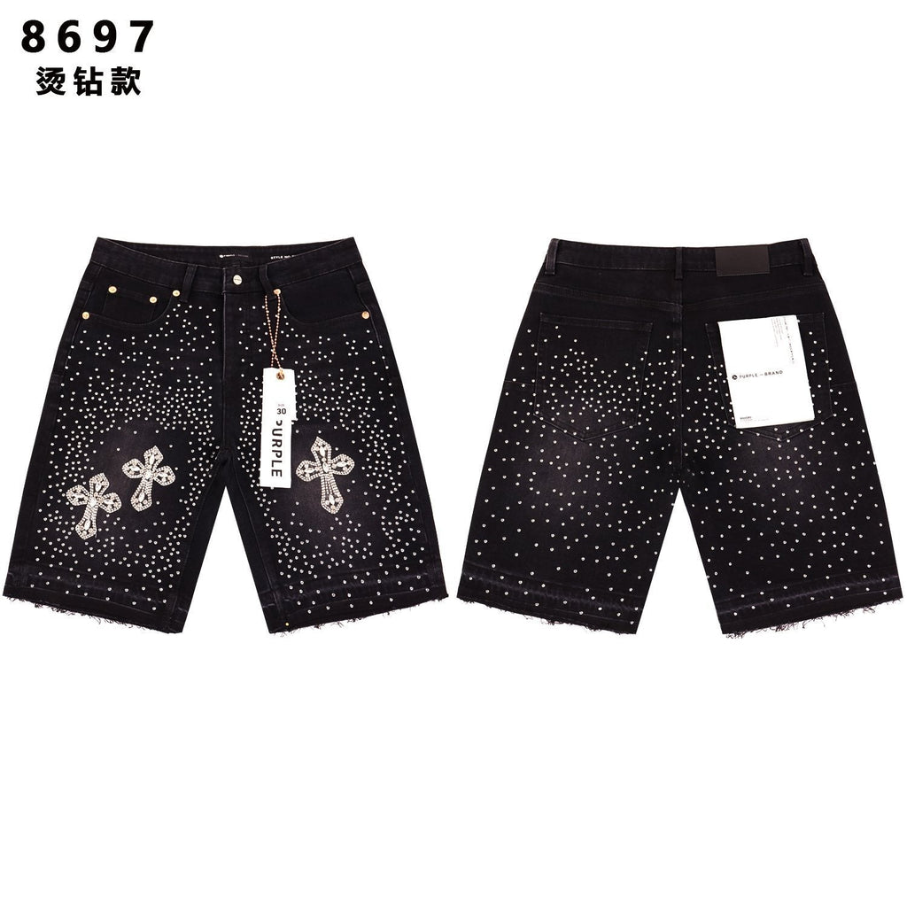 PURPLE Rhinestone Bow Cross Denim Shorts — front