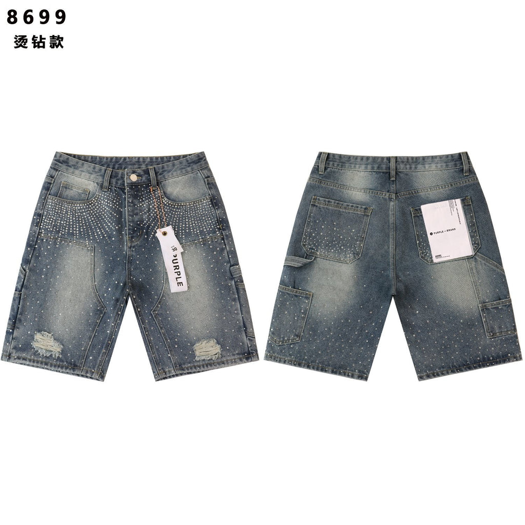 PURPLE Rhinestone Distressed Denim Shorts — hero