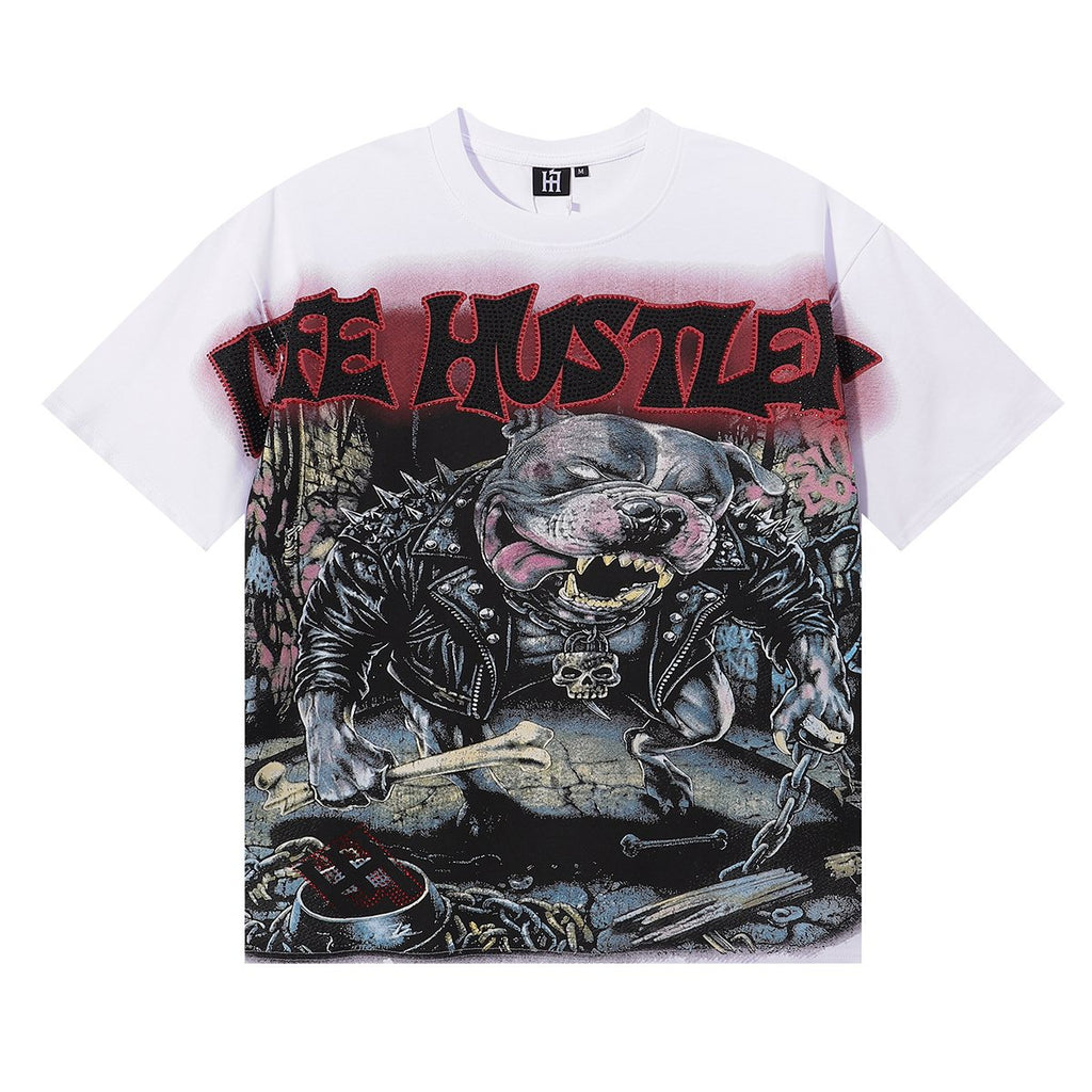 Life Hustlere Angry Pitbull Rhinestone Graphic T-Shirt — front