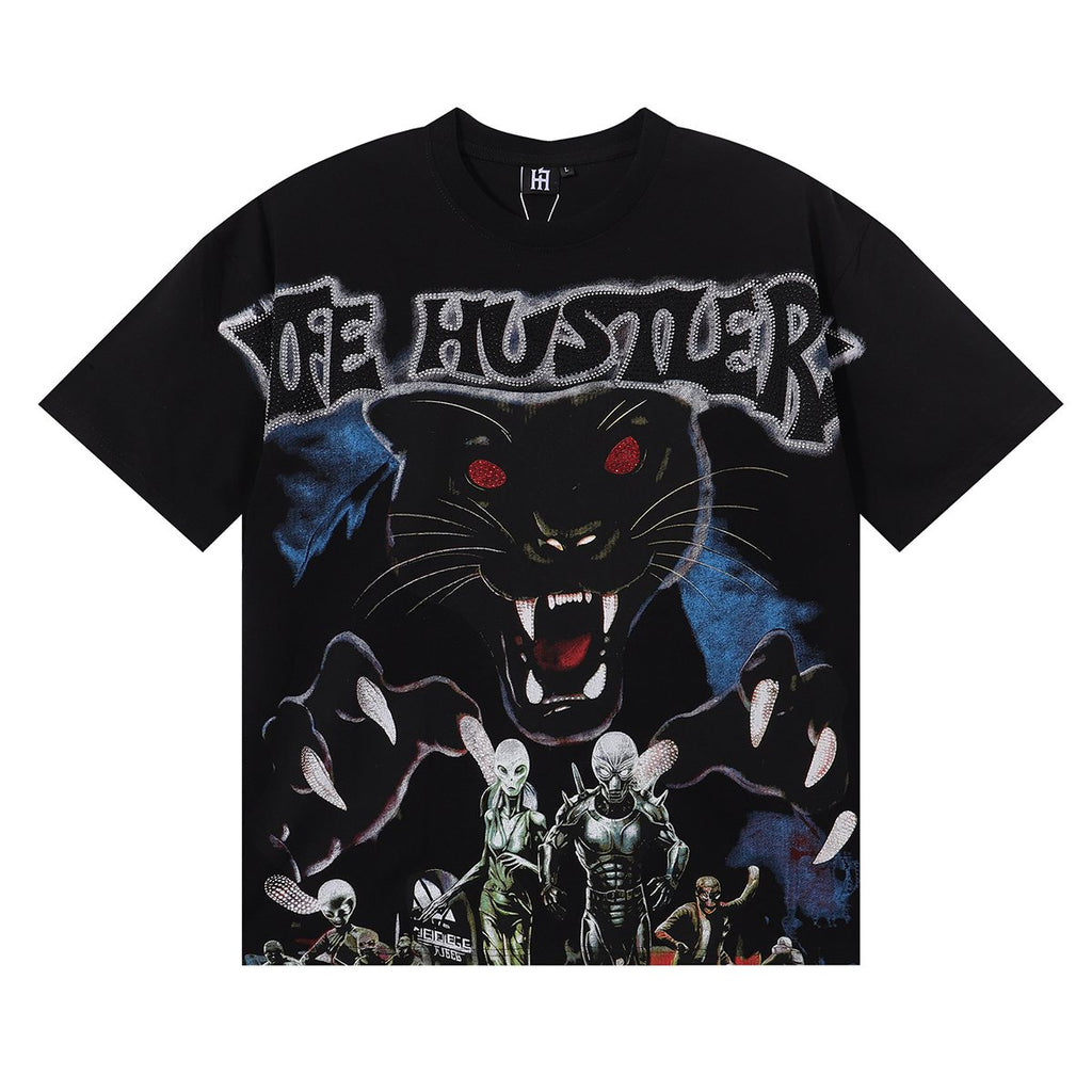 Life Hustlere Rhinestone Panther Graphic T-Shirt — front