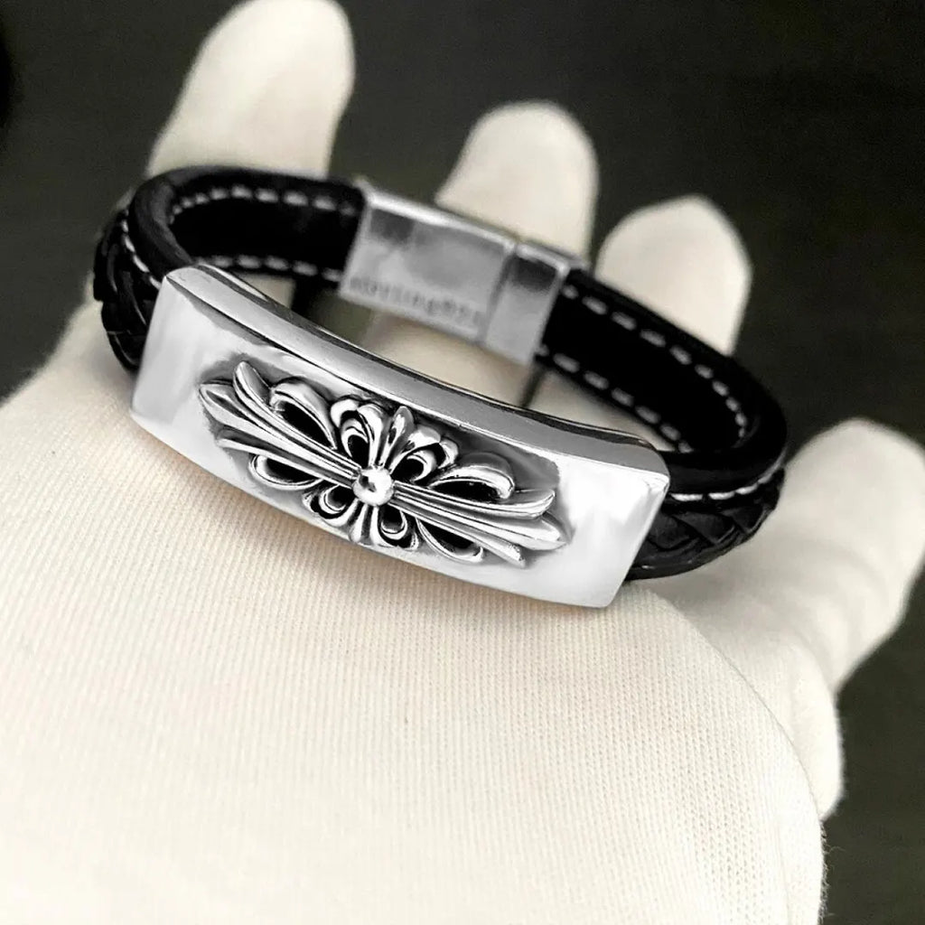 Chrome Hearts Inspired Premium Leather & Sterling Silver Bracelet - Hình 3