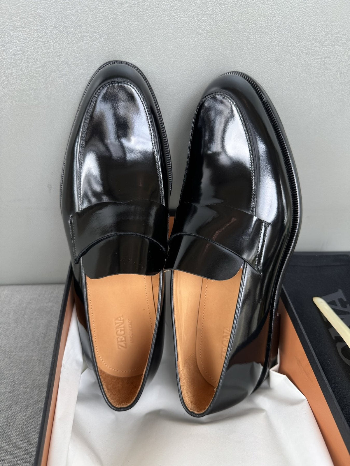 Zegna Glossy Black Leather Loafers — front