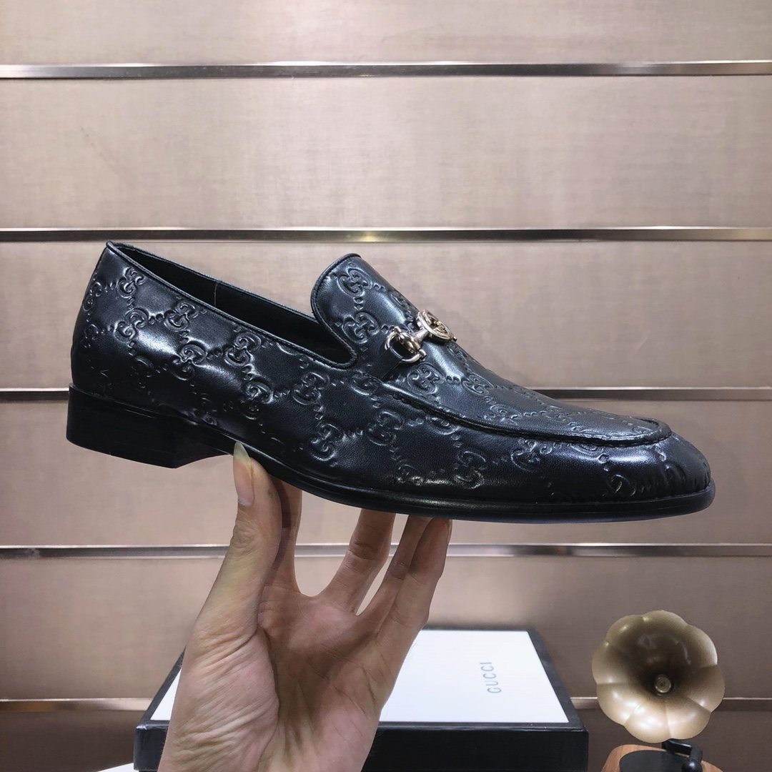 GUCCI Black Embossed Horsebit Loafers — side