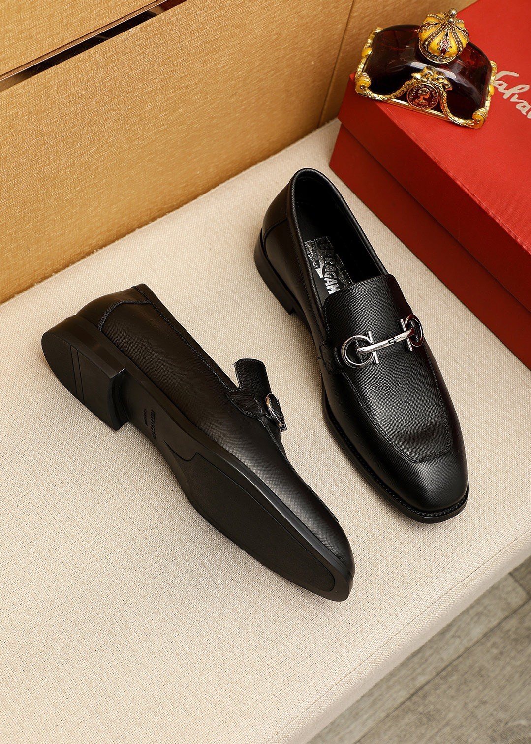 Ferragamo Black Hardware Loafers — side