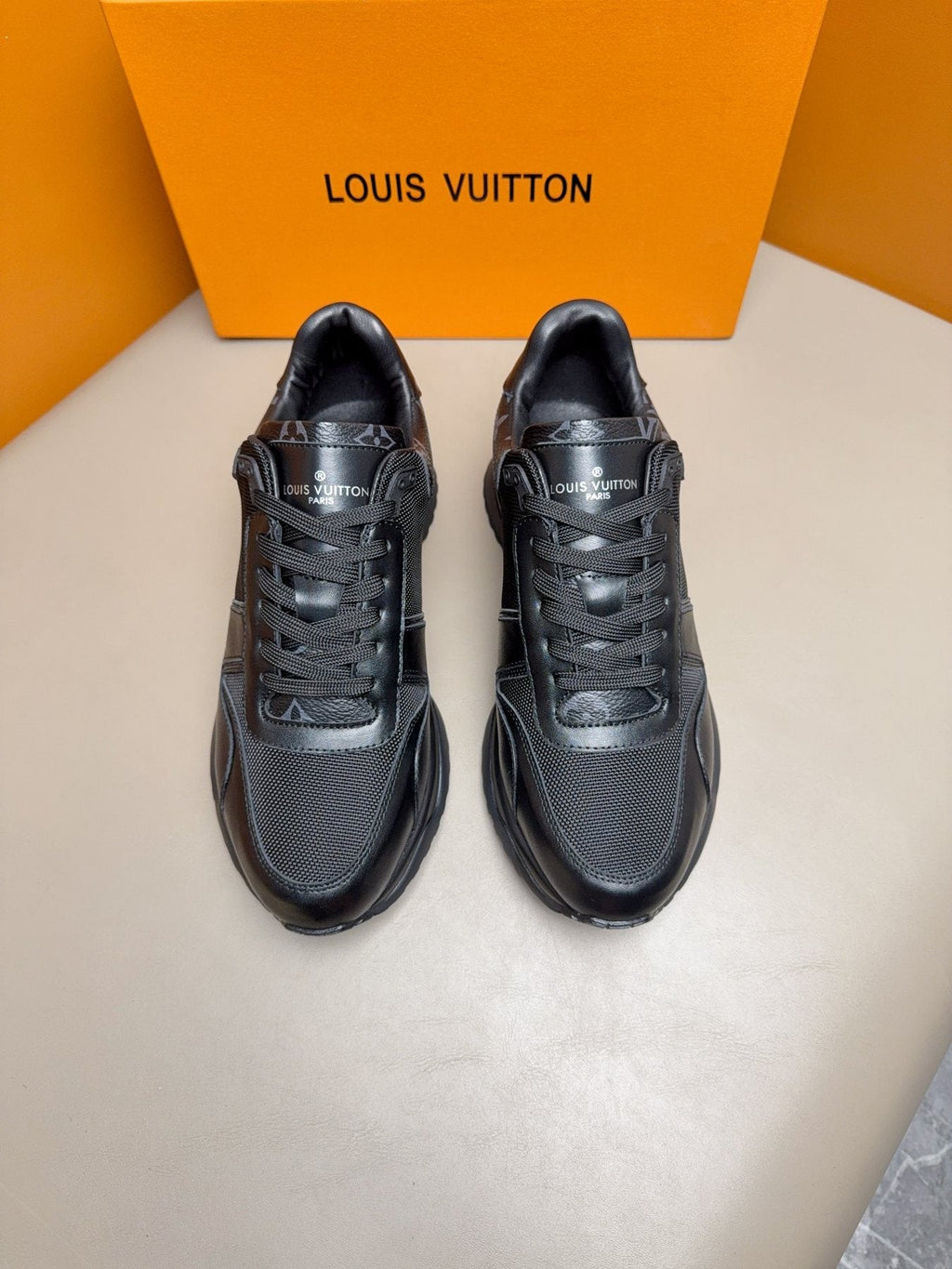 Louis Vuitton Black Leather & Mesh Sneakers — front
