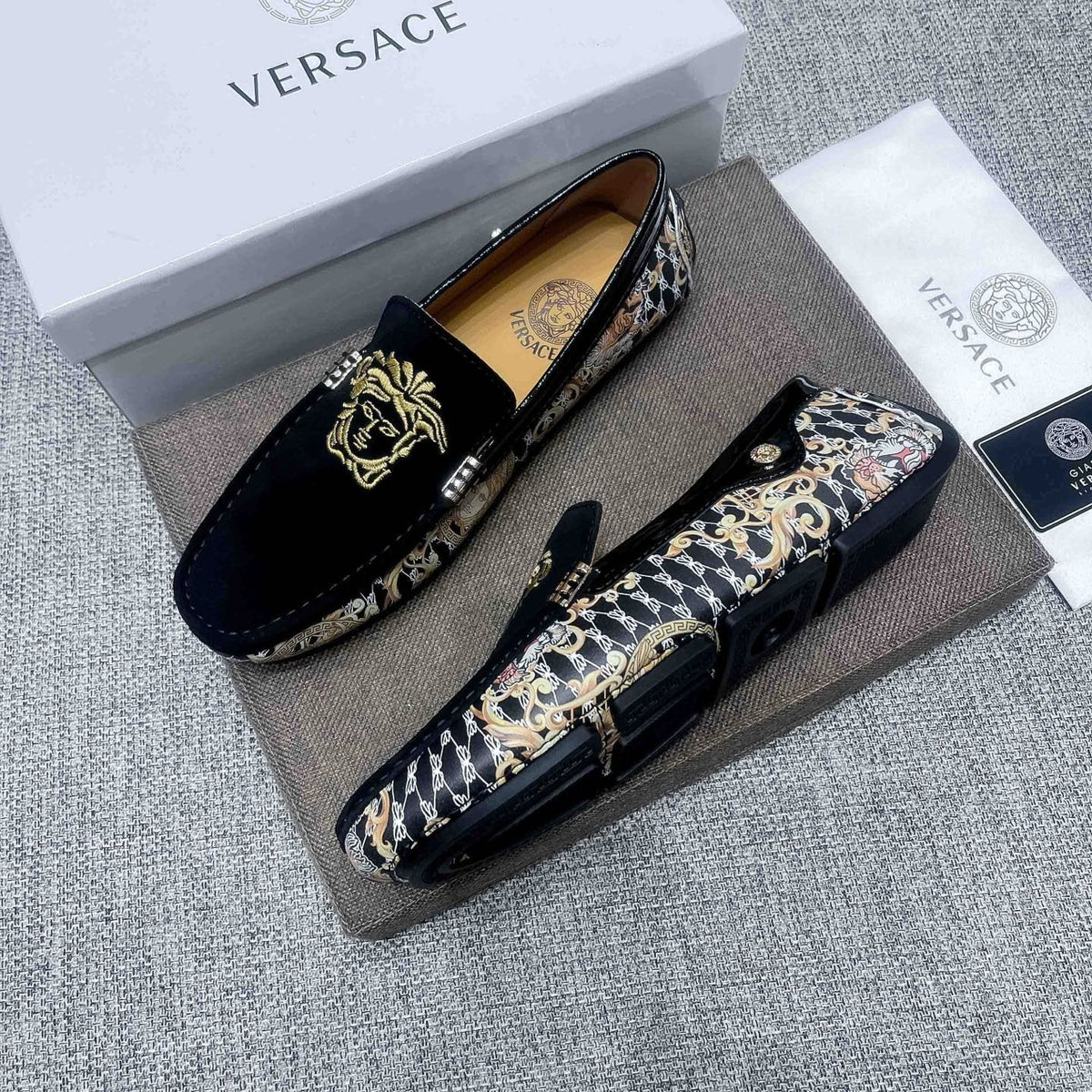 Versace Black Patterned Side Loafers — side
