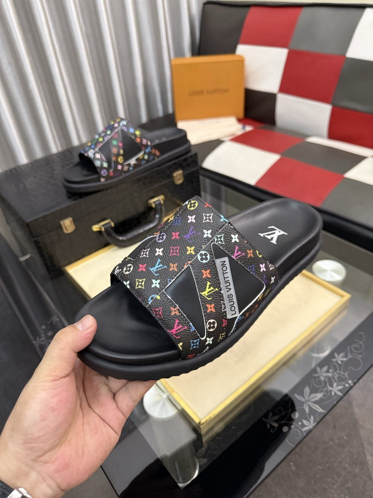 Louis Vuitton Multicolor Strap Slide Sandals — model
