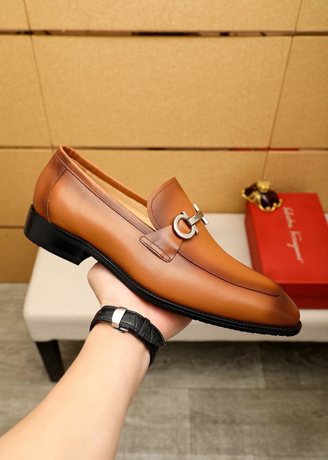 Ferragamo Brown Leather Hardware Loafers — model