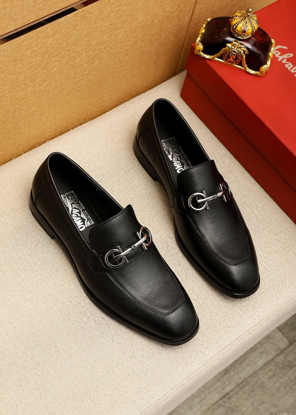 Ferragamo Black Textured Loafers — front