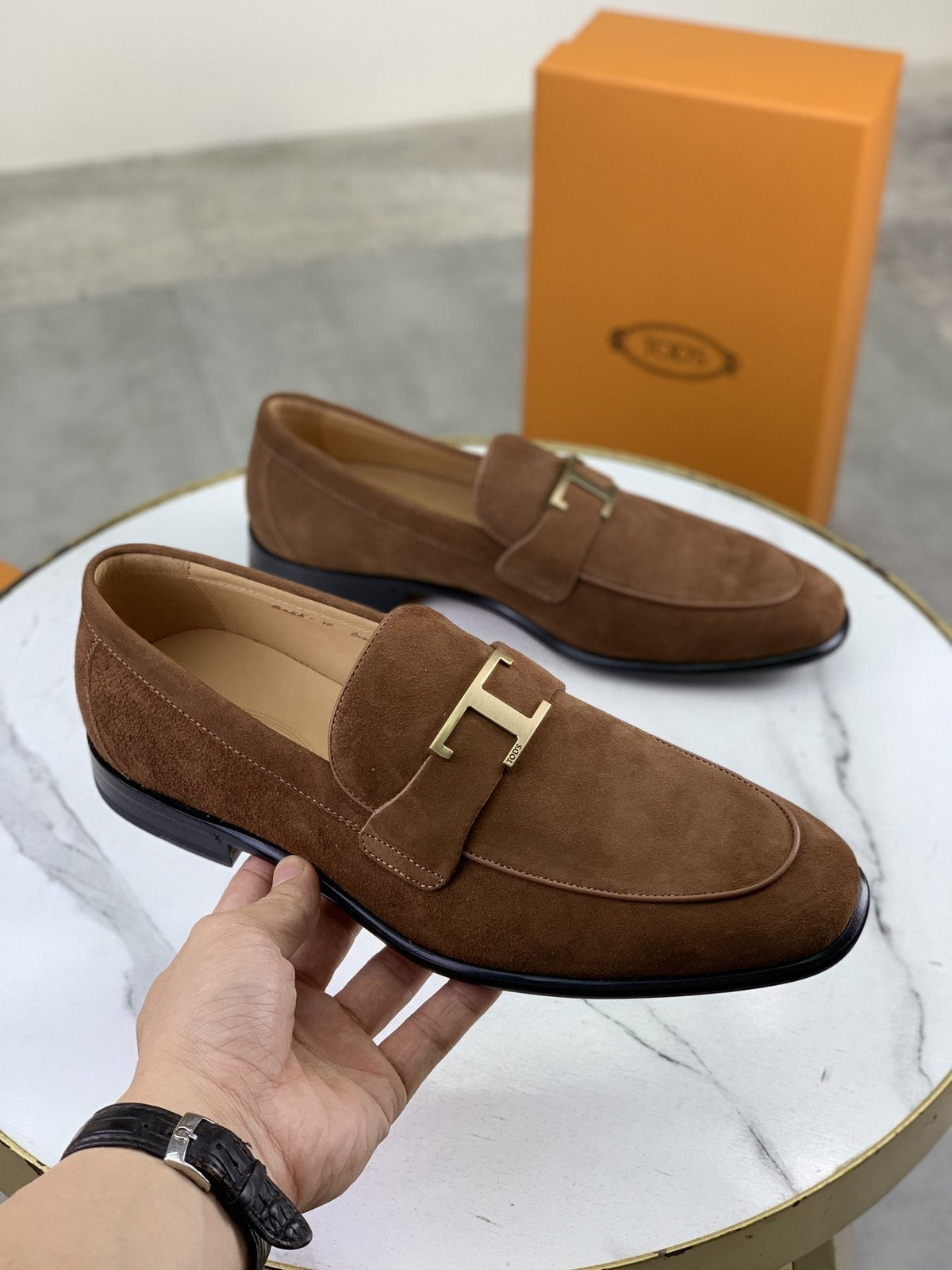 TODS Brown Suede T-Hardware Loafers — model