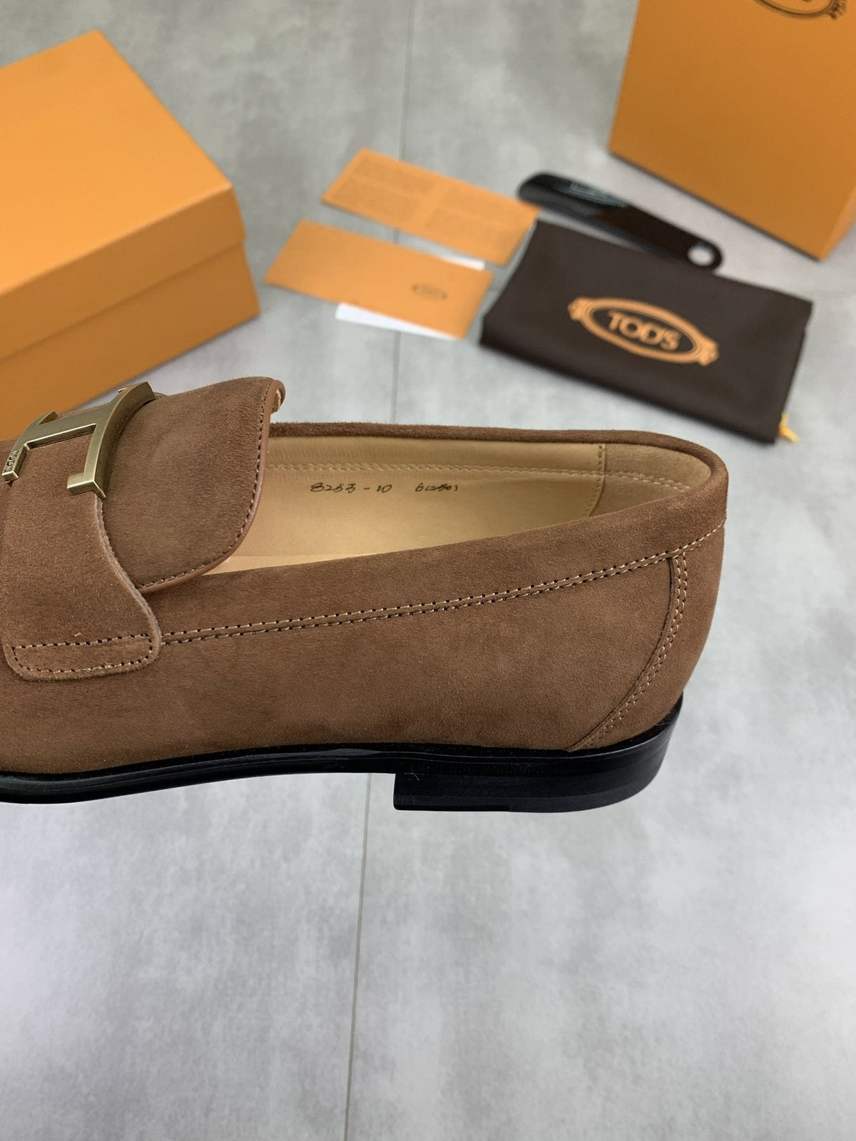 TODS Brown Suede T-Hardware Loafers — side