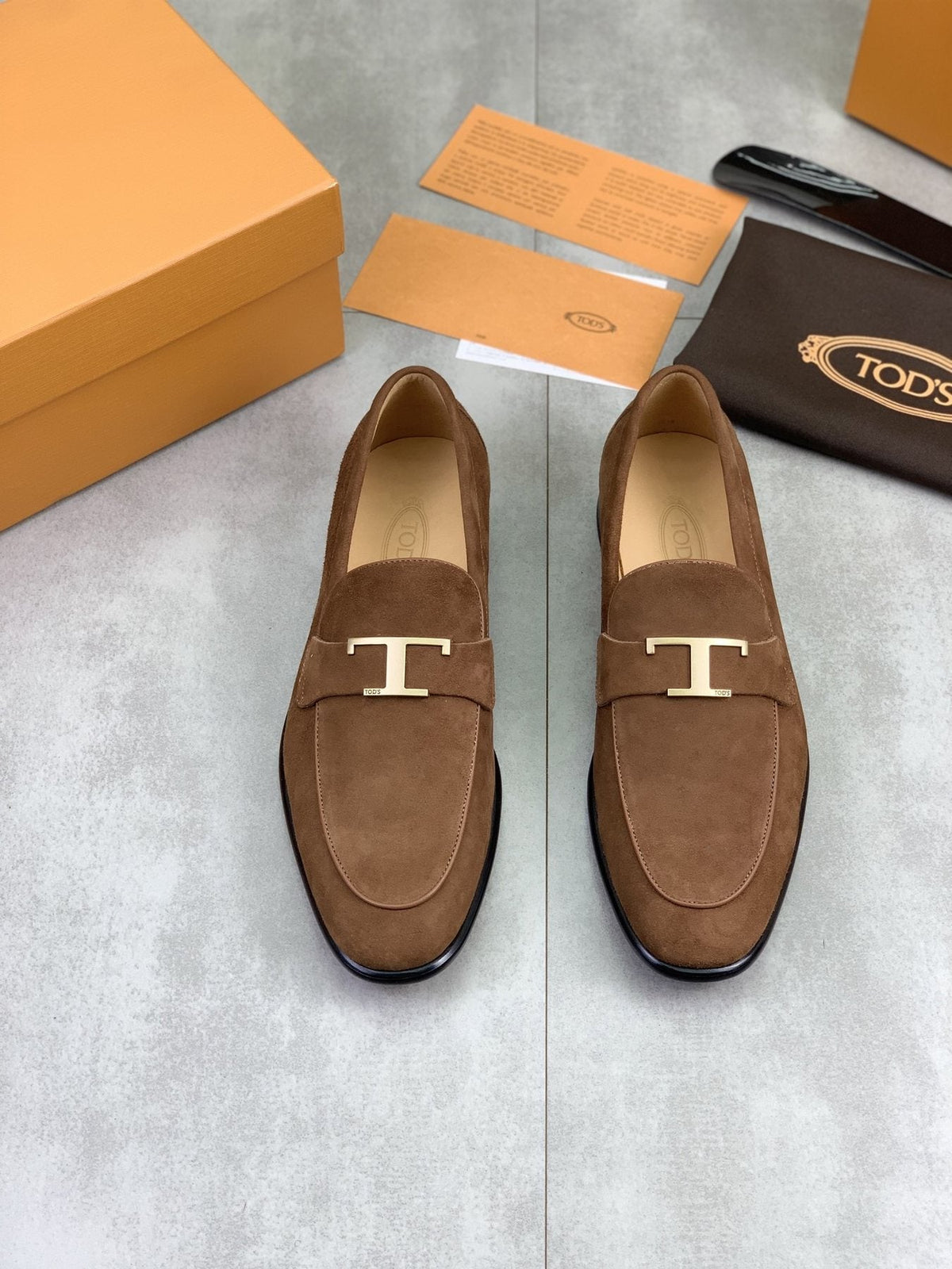 TODS Brown Suede T-Hardware Loafers — front