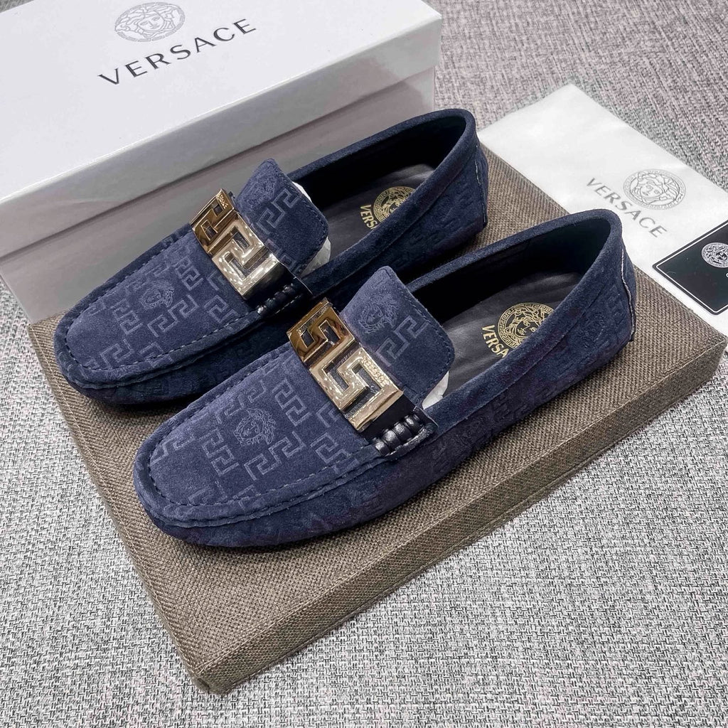 Versace Navy Blue Patterned Loafers — side