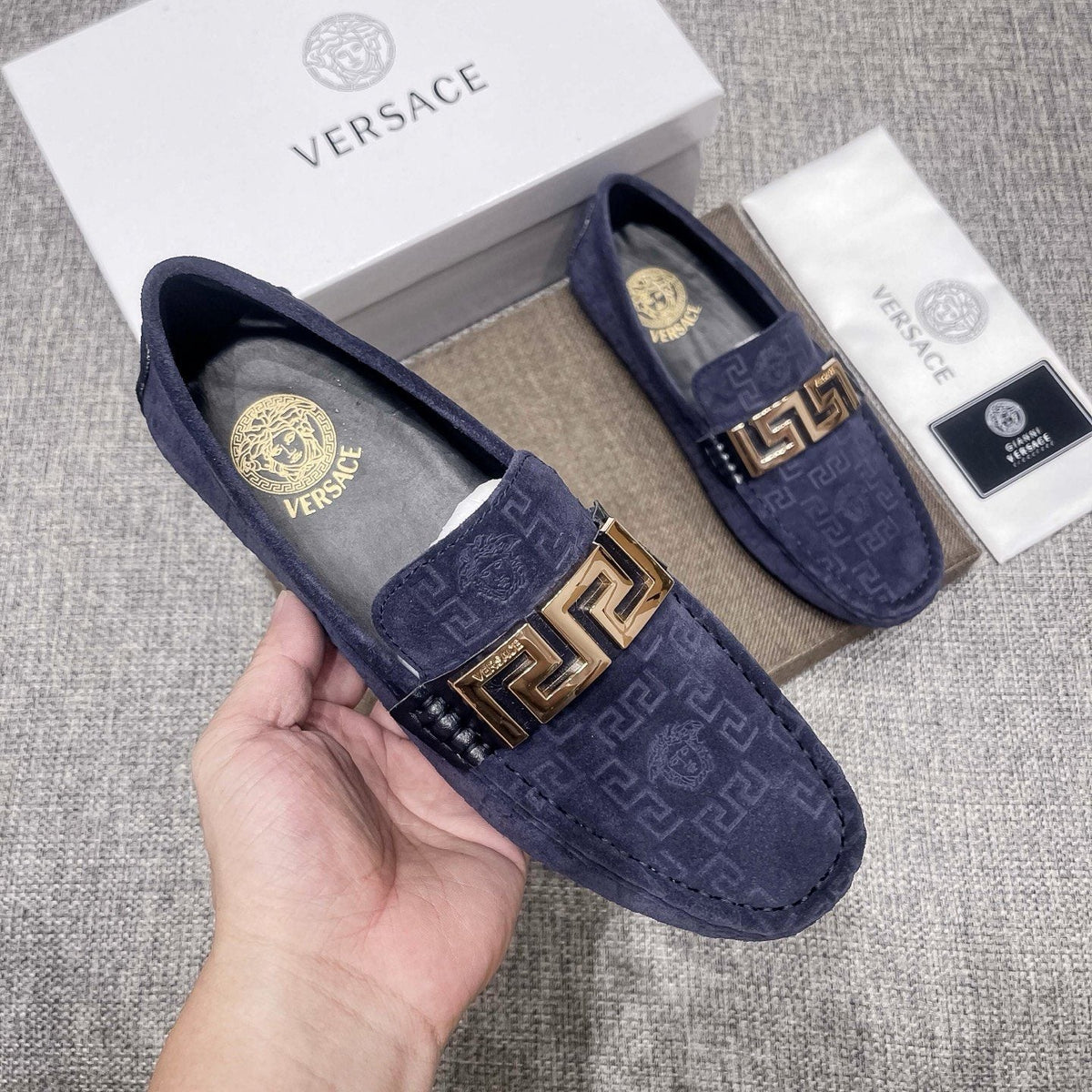 Versace Navy Blue Patterned Loafers — model