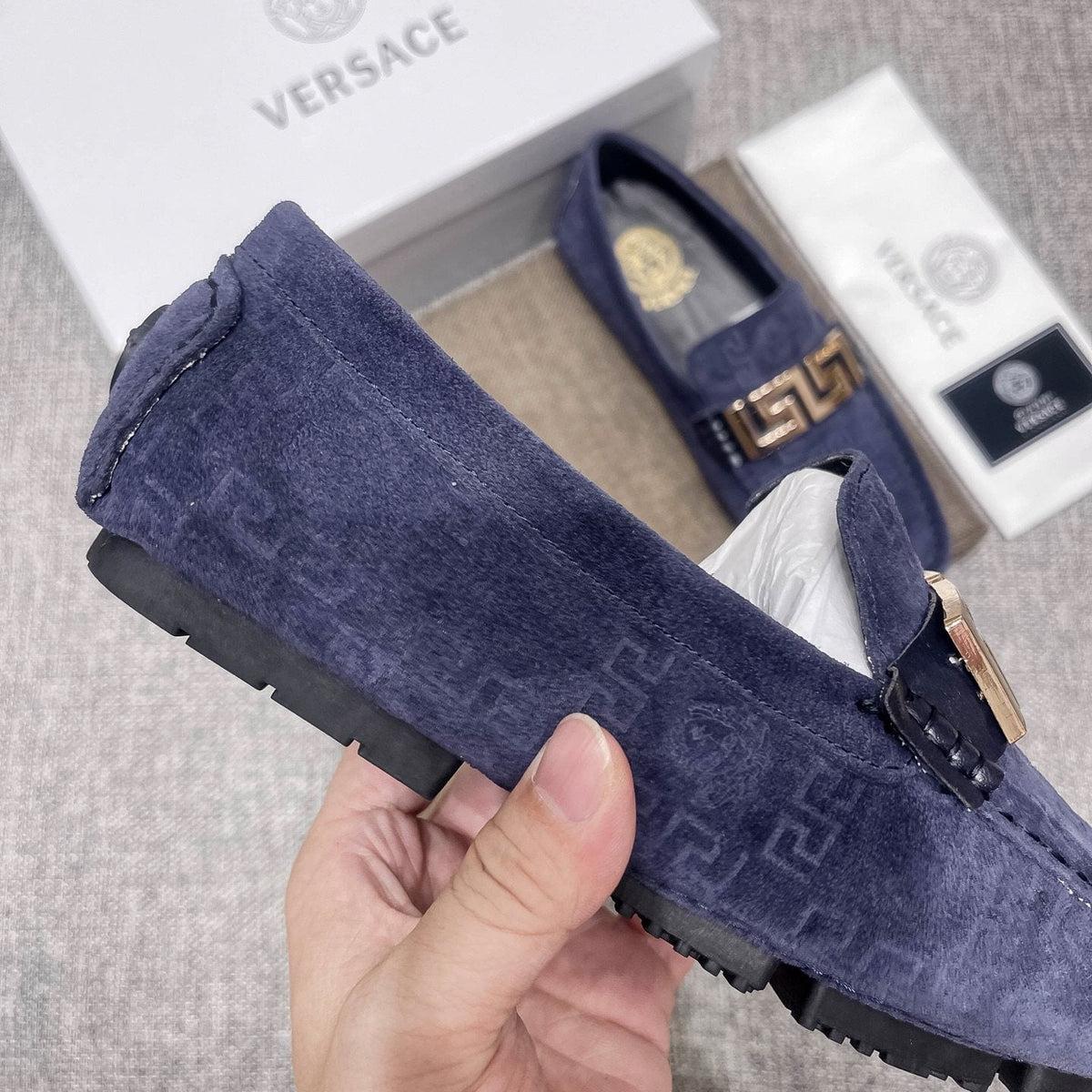 Versace Navy Blue Patterned Loafers — detail