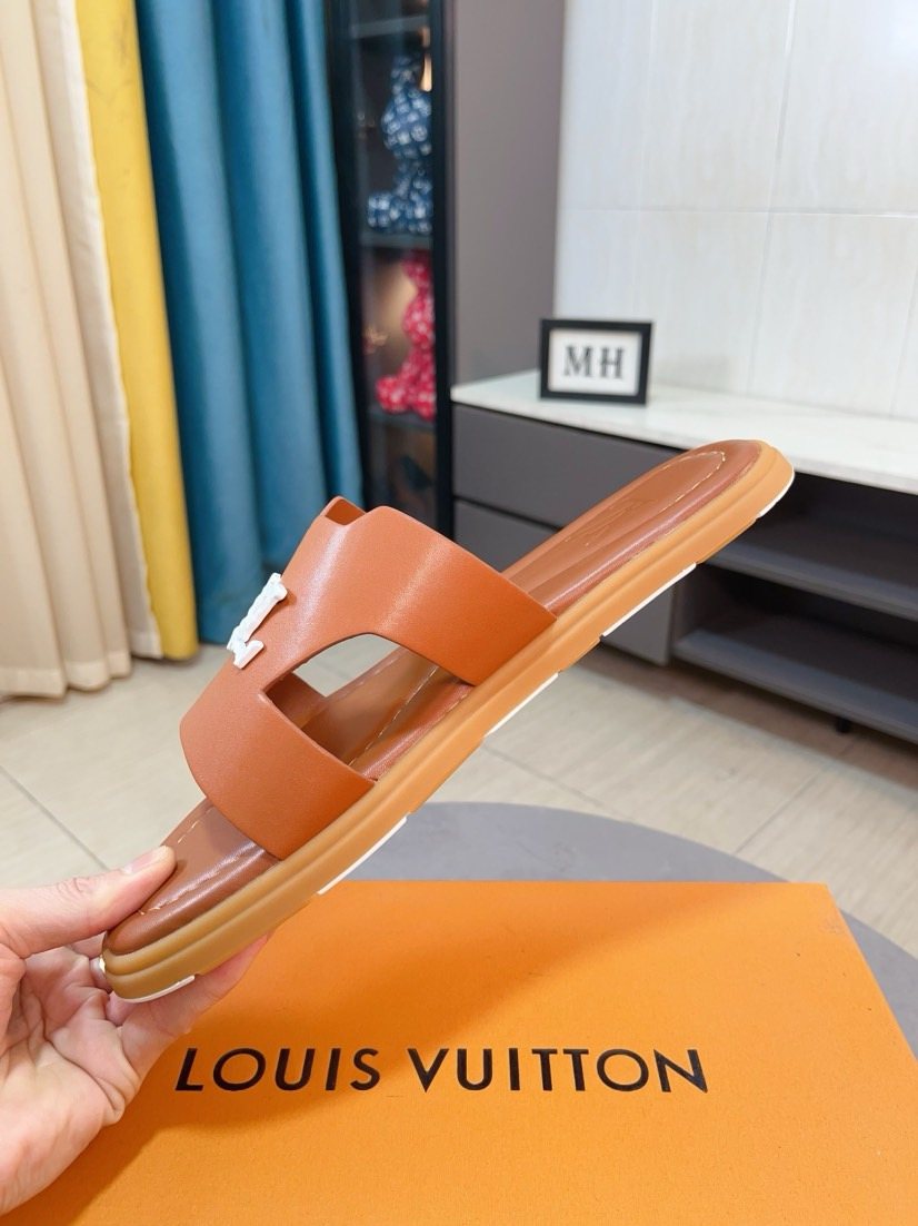 Louis Vuitton Tan-Orange Interwoven Slide Sandals — side