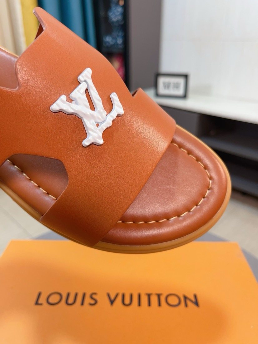 Louis Vuitton Tan-Orange Interwoven Slide Sandals — detail