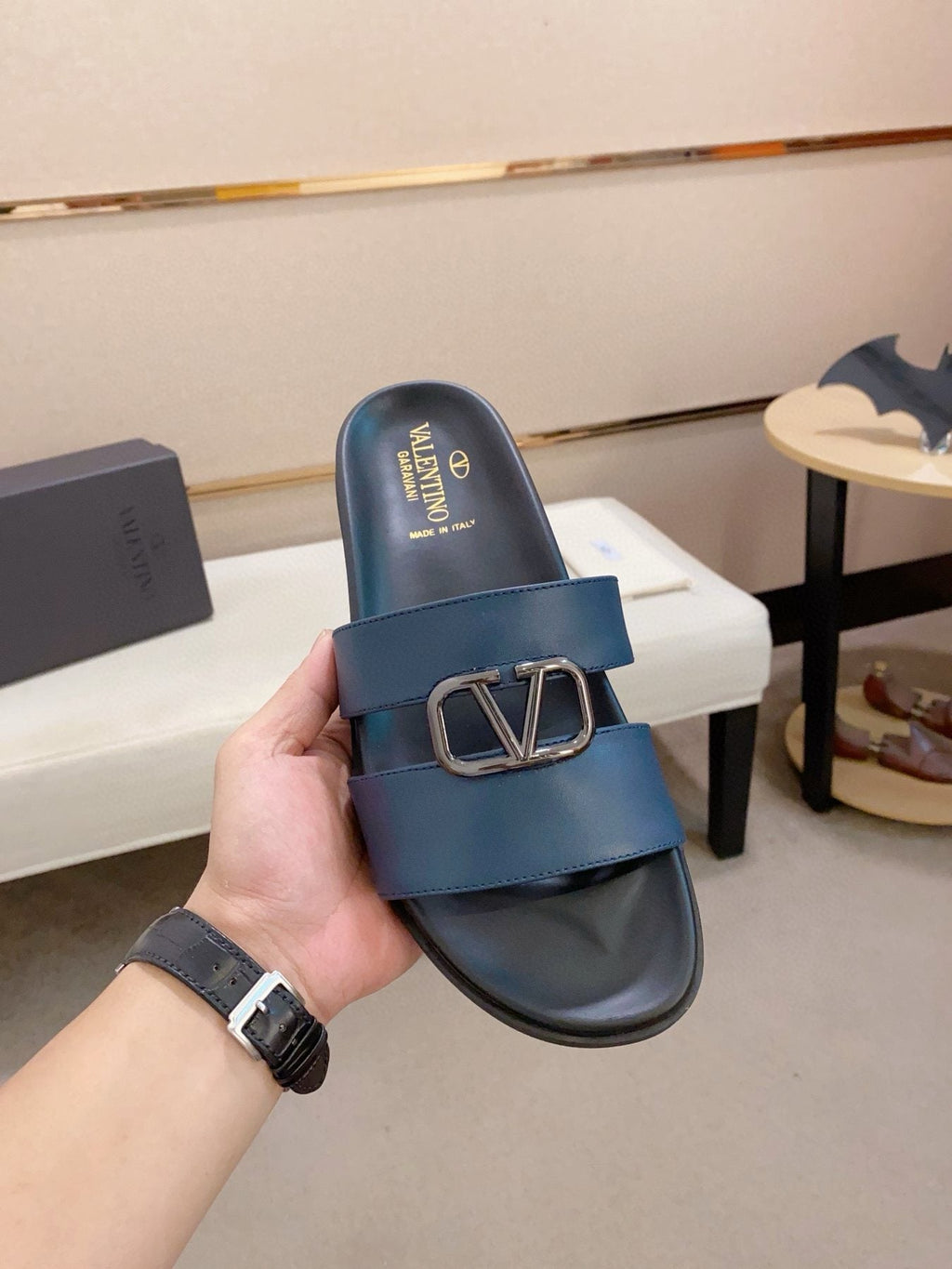 Valentino Navy Blue Buckle Slide Sandals — front
