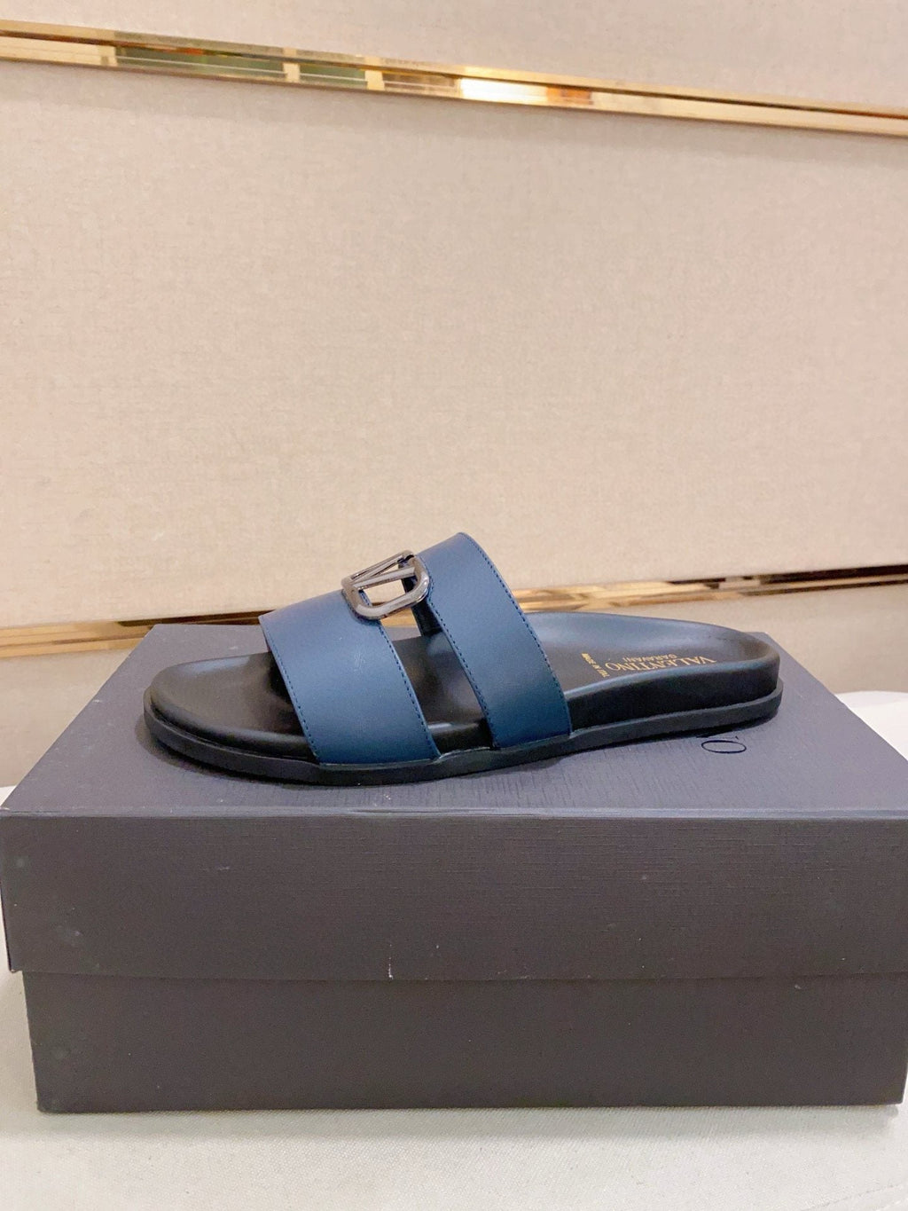 Valentino Navy Blue Buckle Slide Sandals — hero