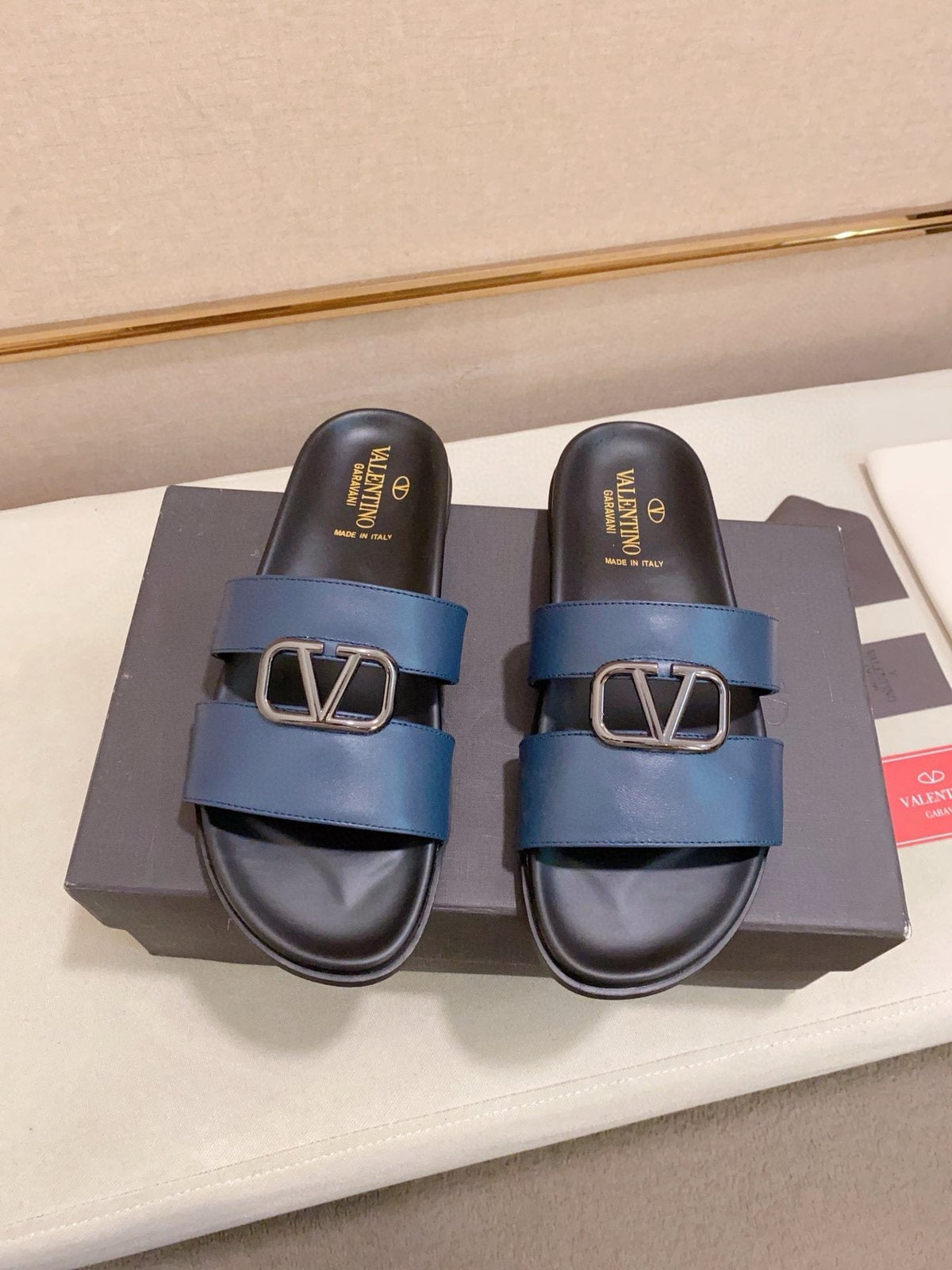 Valentino Navy Blue Buckle Slide Sandals — front