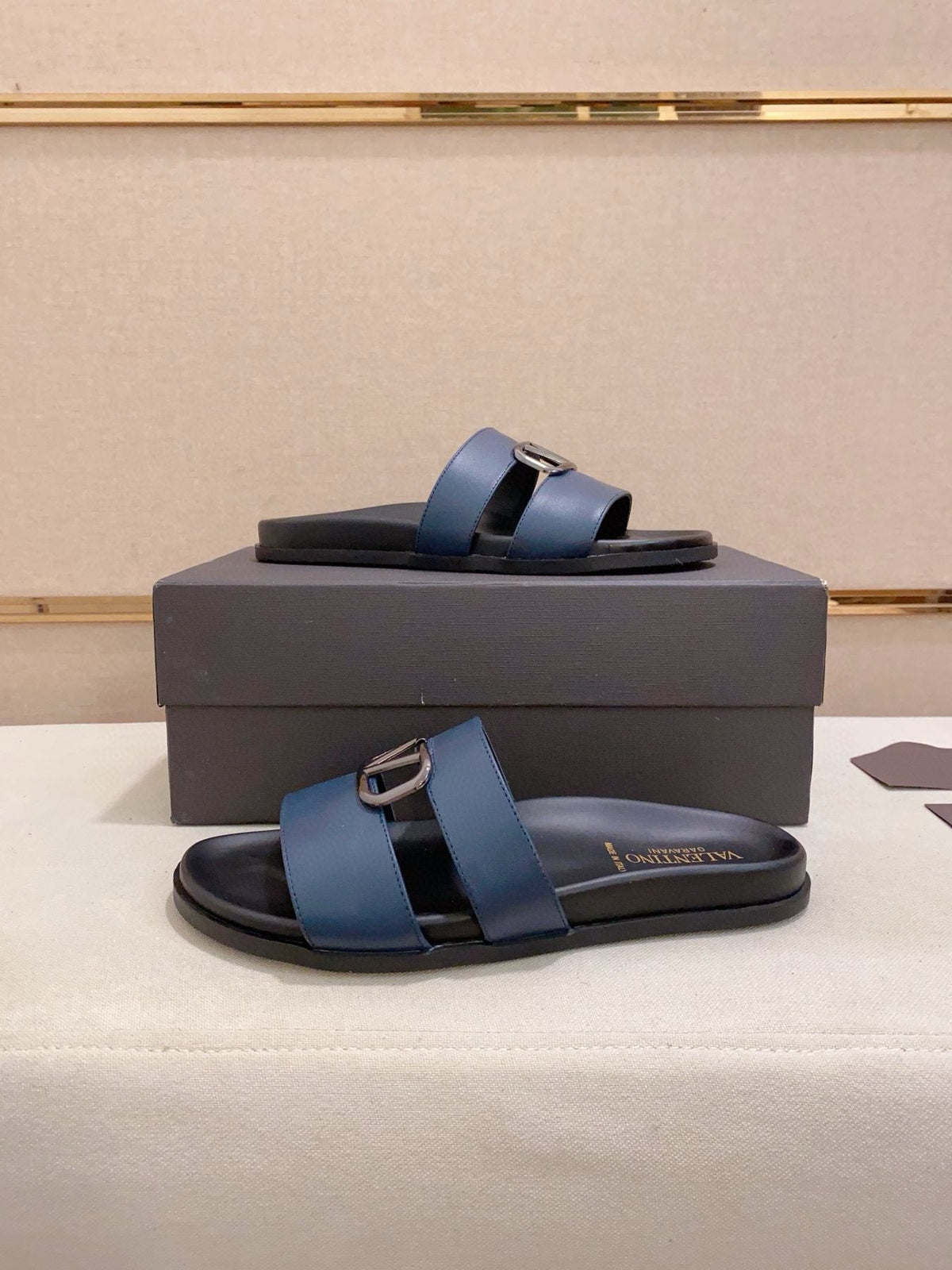 Valentino Navy Blue Buckle Slide Sandals — side