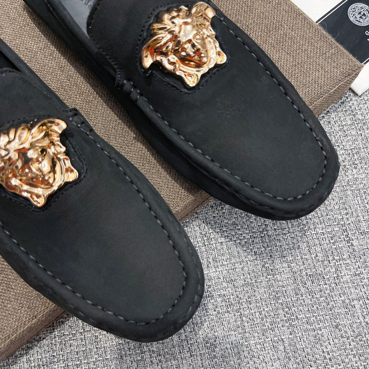 Versace Black Gold-Tone Hardware Loafers — detail