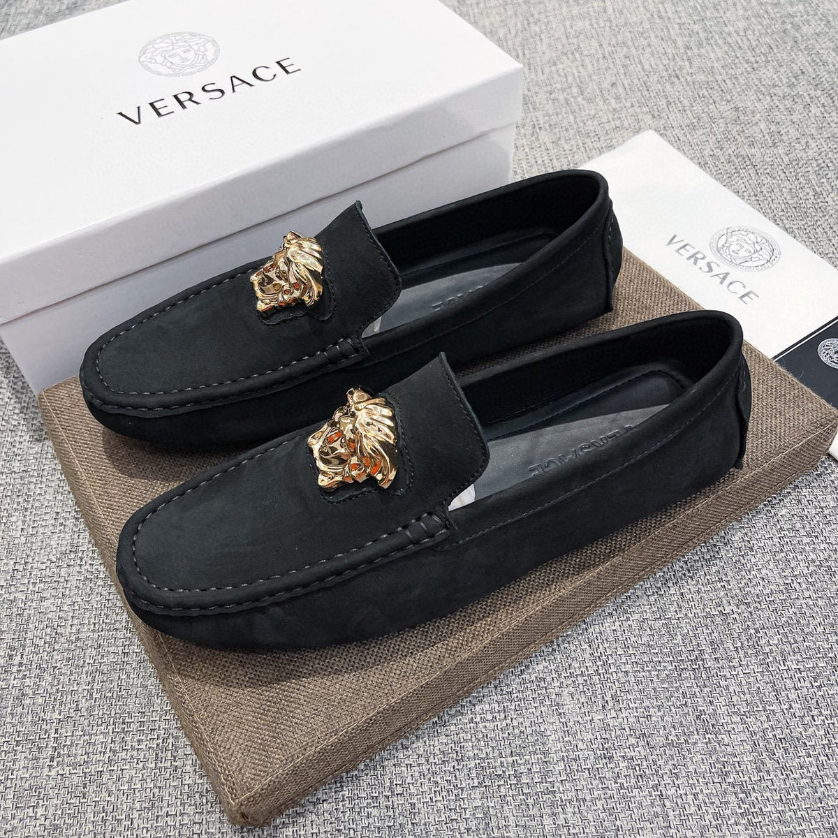 Versace Black Gold-Tone Hardware Loafers — front