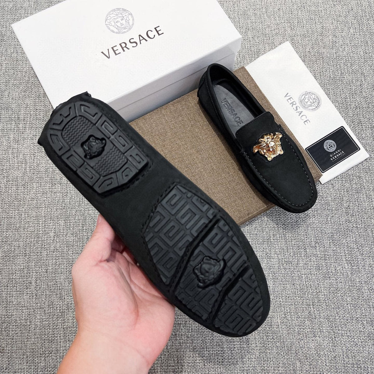 Versace Black Gold-Tone Hardware Loafers — side