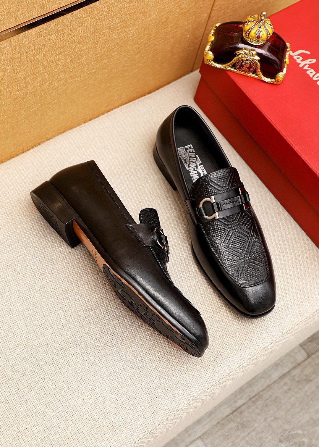 Ferragamo Black Embossed Buckle Loafers — front