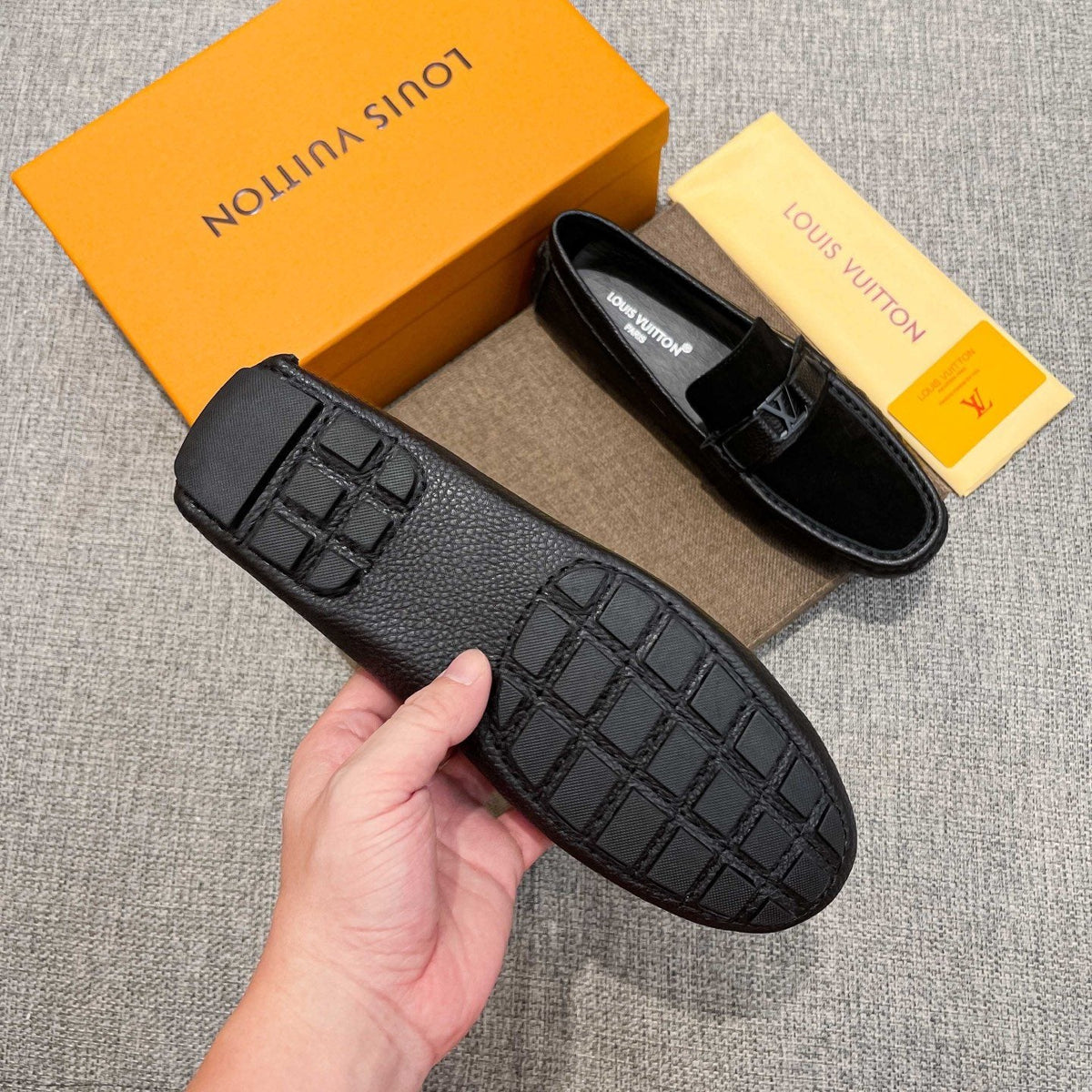 Louis Vuitton Black Textured Strap Loafers — side