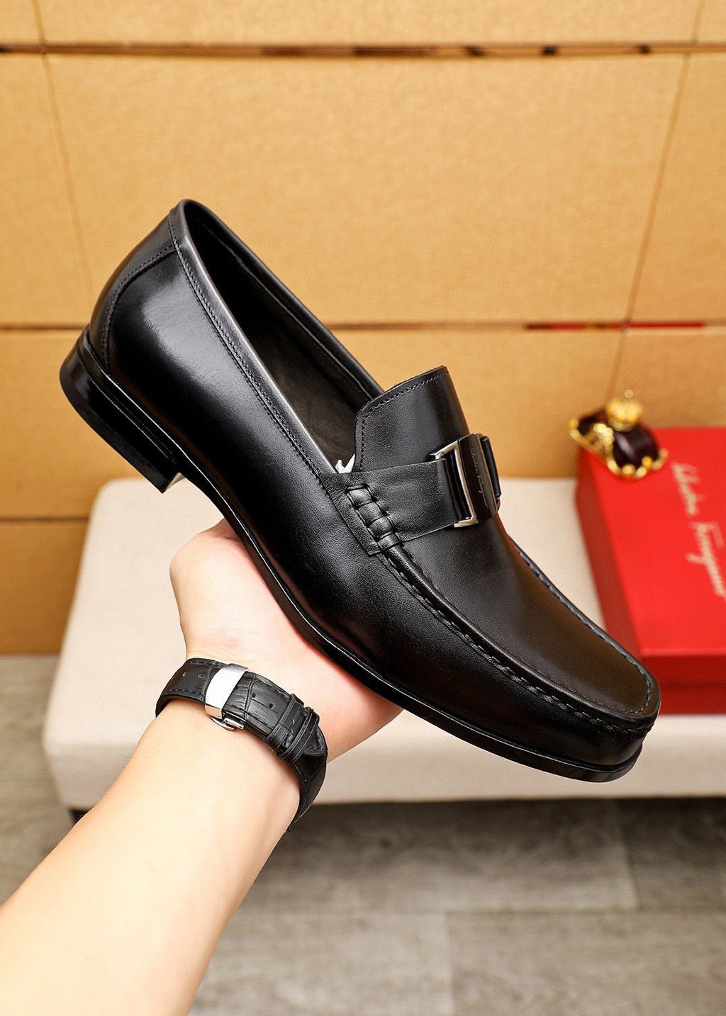 Ferragamo Black Buckle Loafers — model