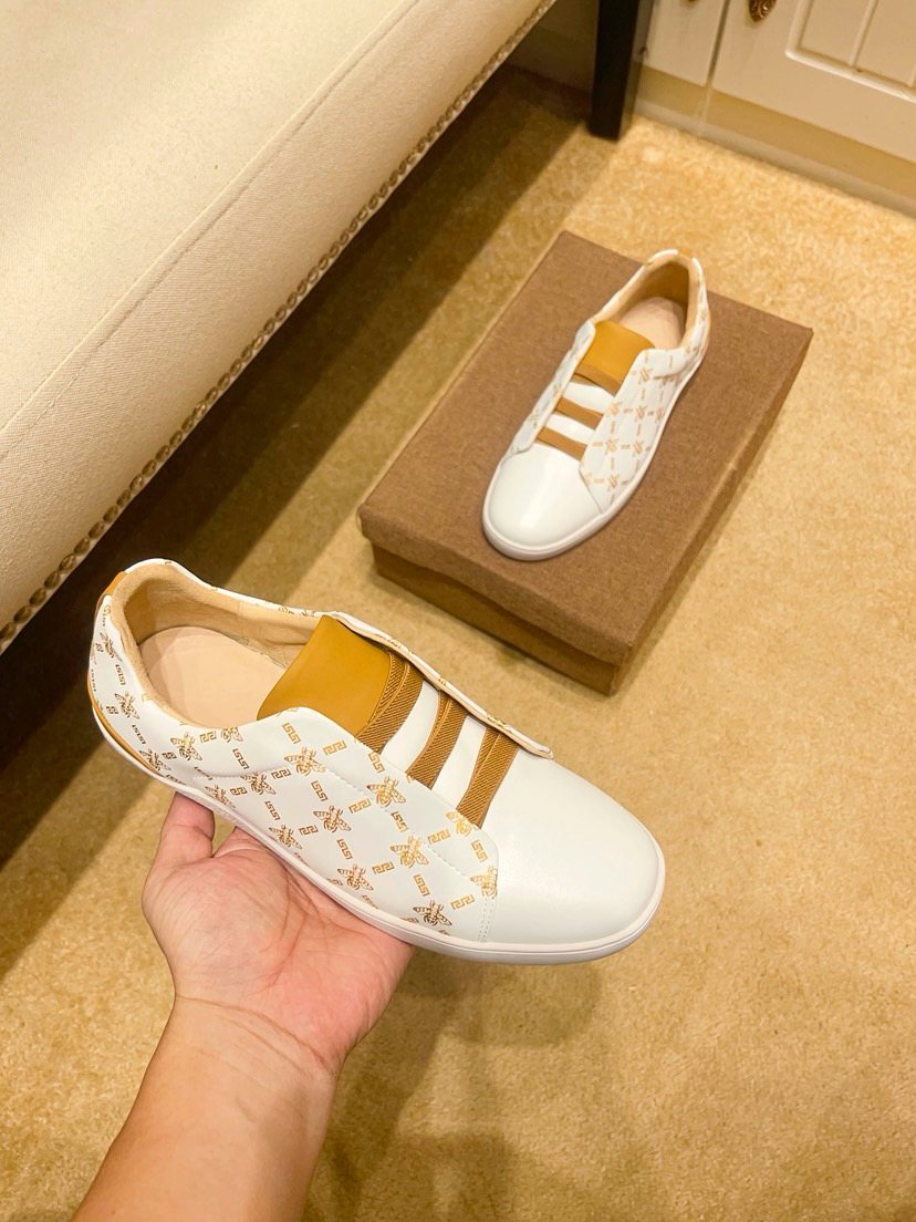 Beige Patterned Gold Stripe Low-Top Sneakers — model