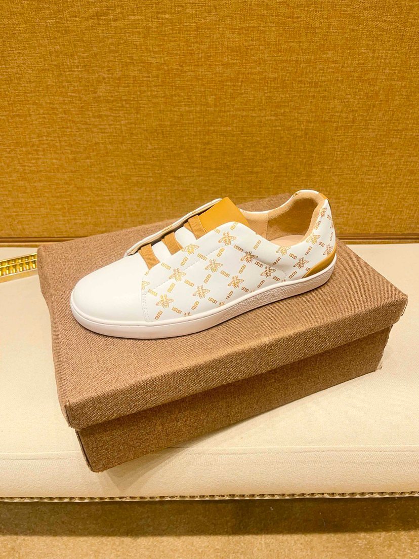 Beige Patterned Gold Stripe Low-Top Sneakers — side