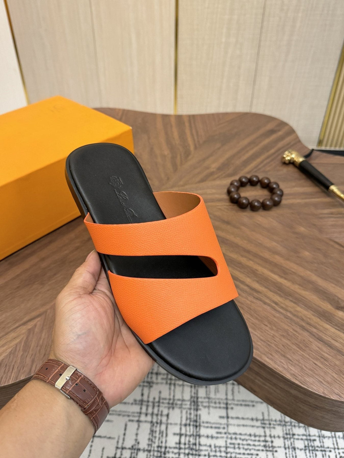 Loro Piana Cutout Leather Slide Sandals — detail