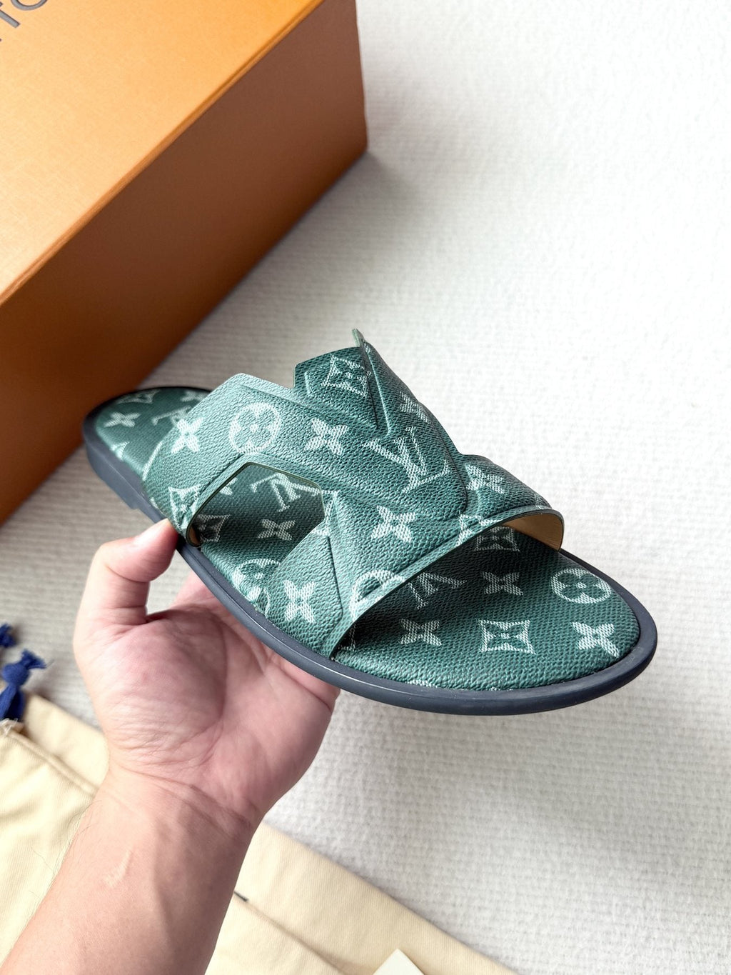 Louis Vuitton Dark Teal Monogram Slide Sandals — model