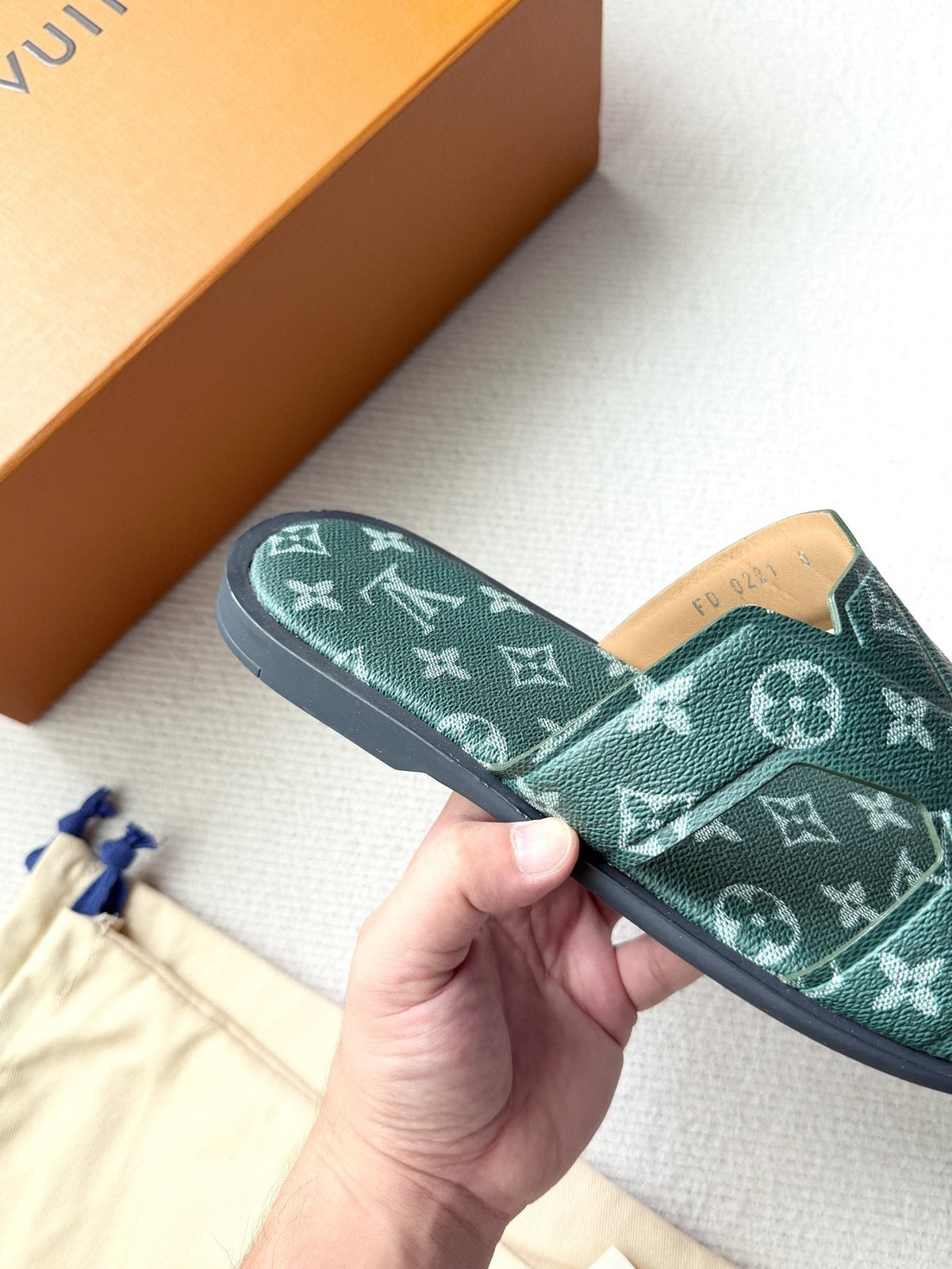 Louis Vuitton Dark Teal Monogram Slide Sandals — detail