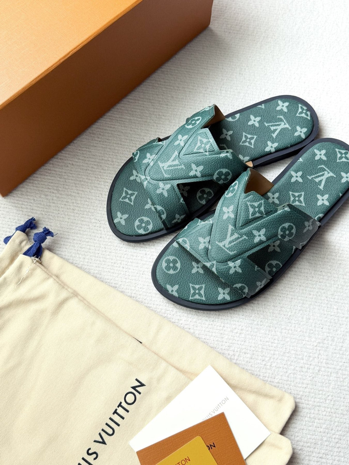Louis Vuitton Dark Teal Monogram Slide Sandals — front