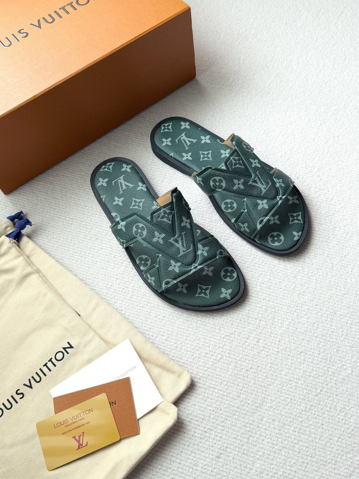 Louis Vuitton Dark Teal Monogram Slide Sandals — side