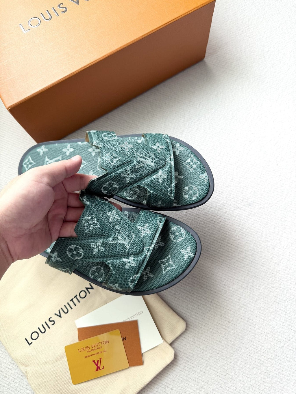 Louis Vuitton Dark Teal Monogram Slide Sandals — model