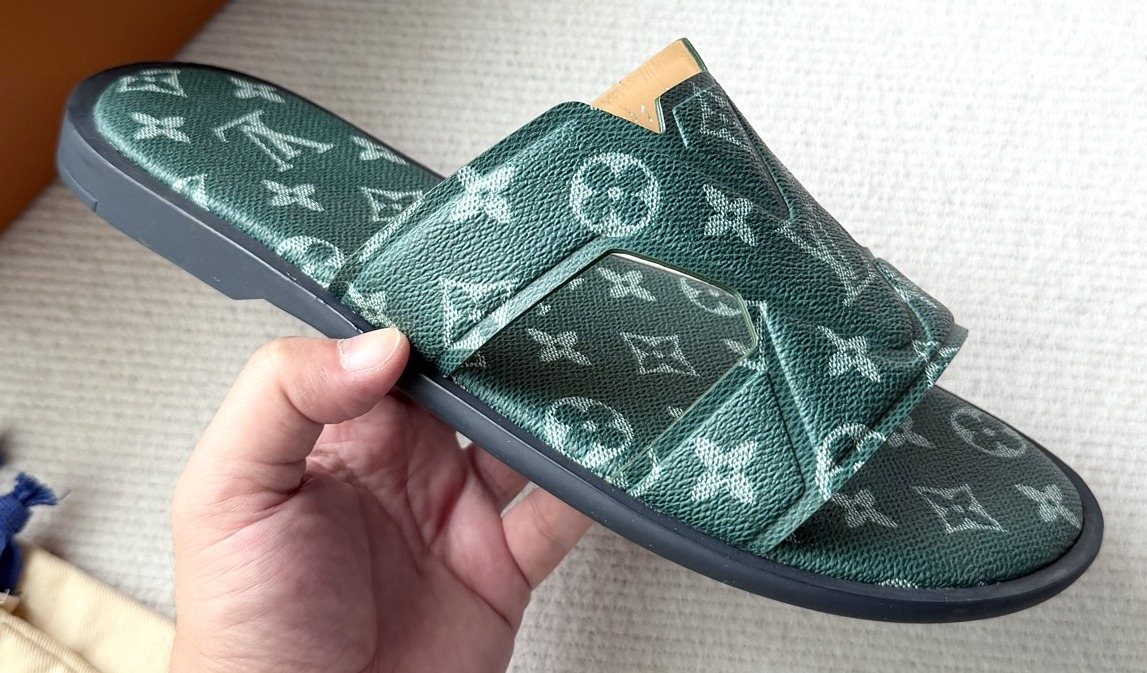 Louis Vuitton Dark Teal Monogram Slide Sandals — front