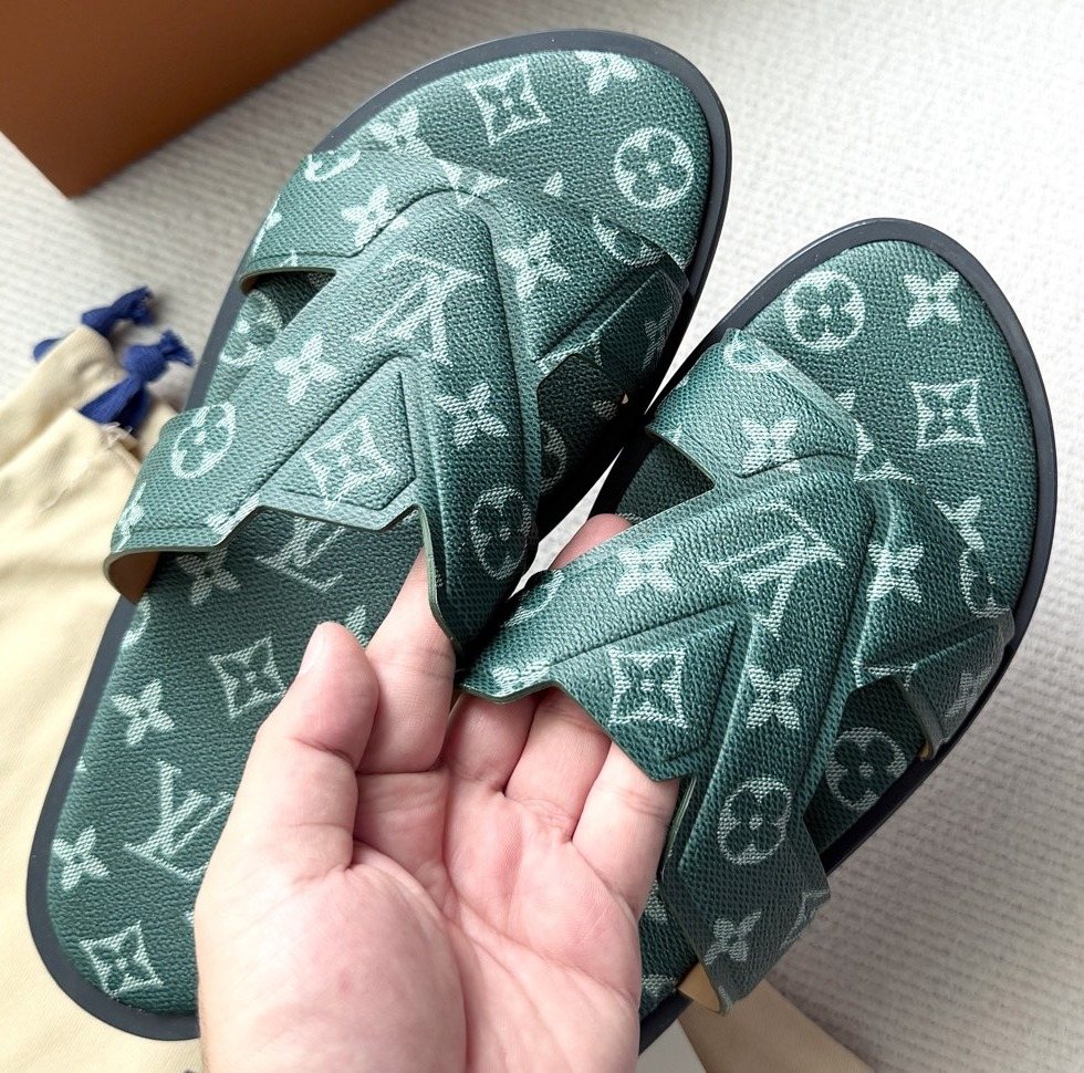 Louis Vuitton Dark Teal Monogram Slide Sandals — front