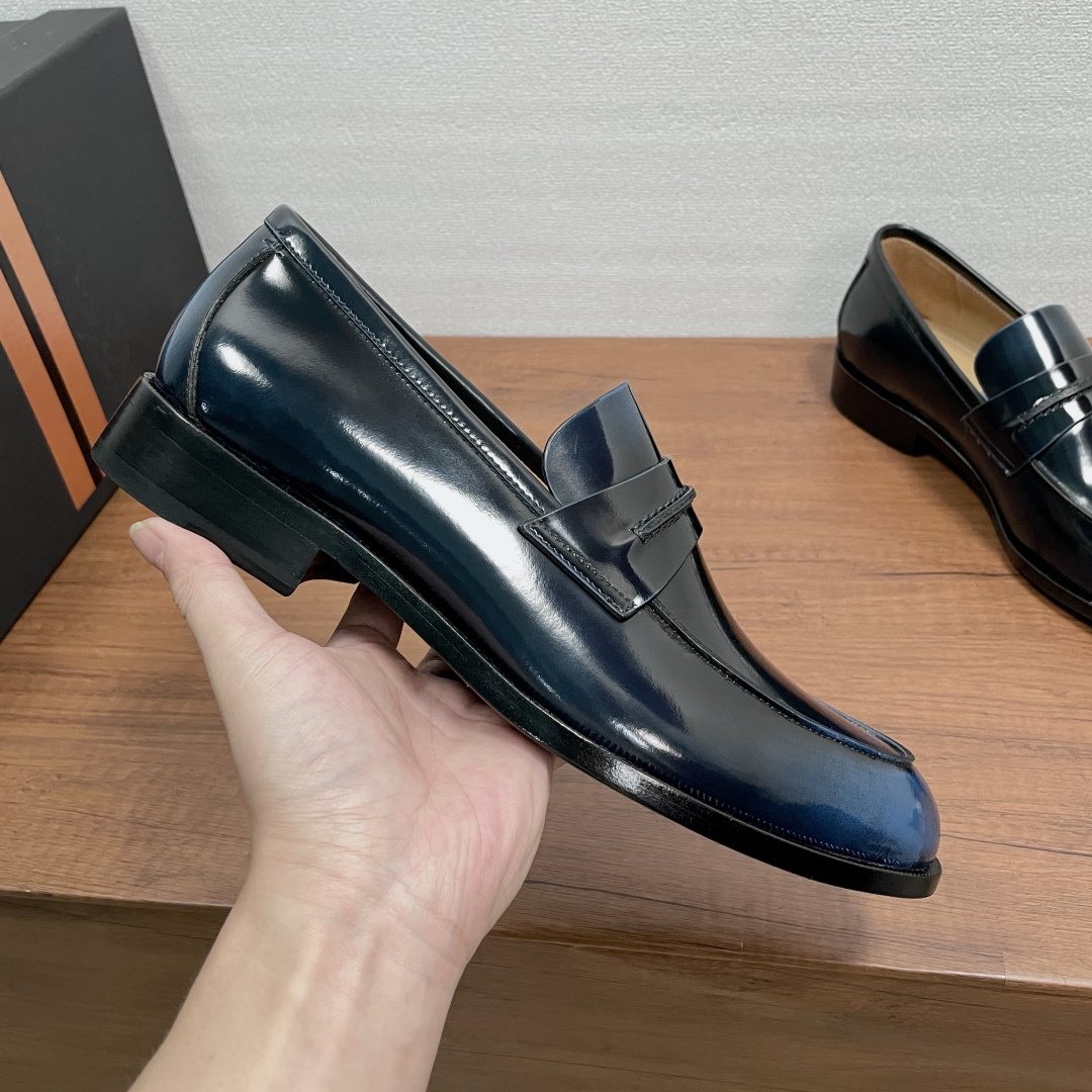 Zegna Dark Navy Leather Loafers — side