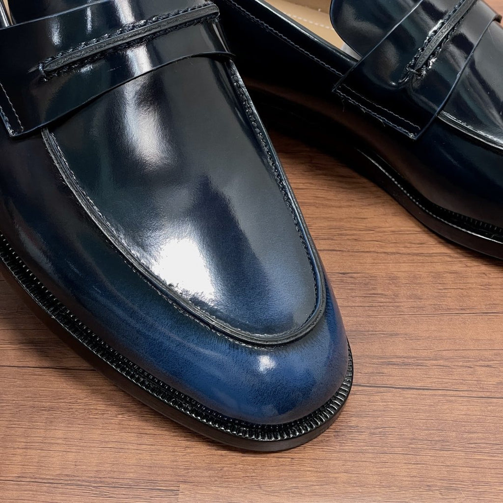 Zegna Dark Navy Leather Loafers — detail