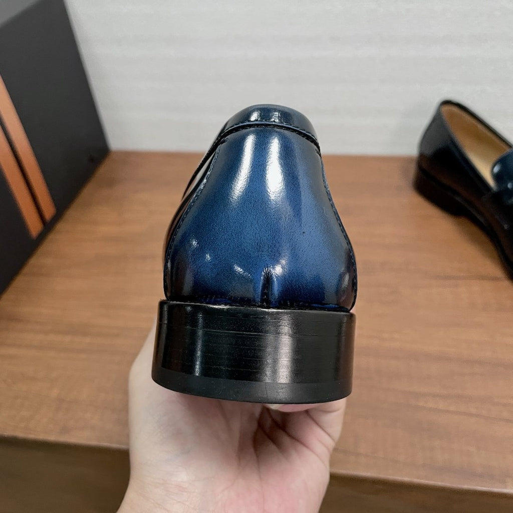 Zegna Dark Navy Leather Loafers — back