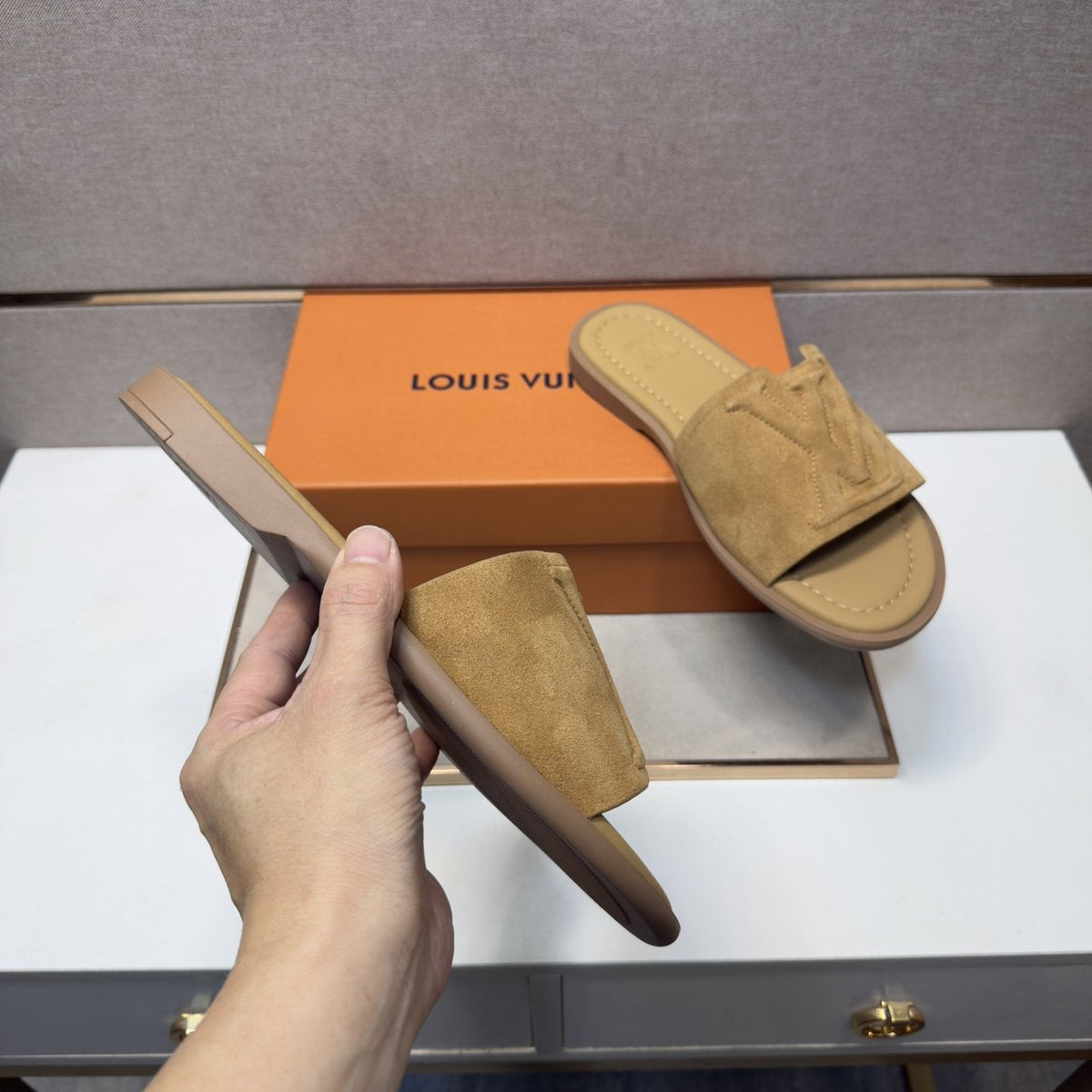 Louis Vuitton Tan Monogram Slide Sandals — side