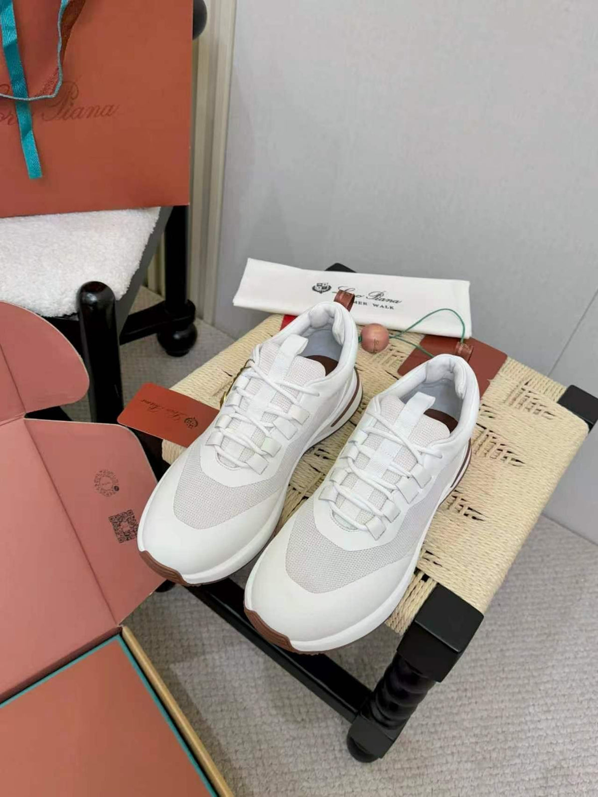 Loro Piana White and Gray Low-Top Sneakers — front
