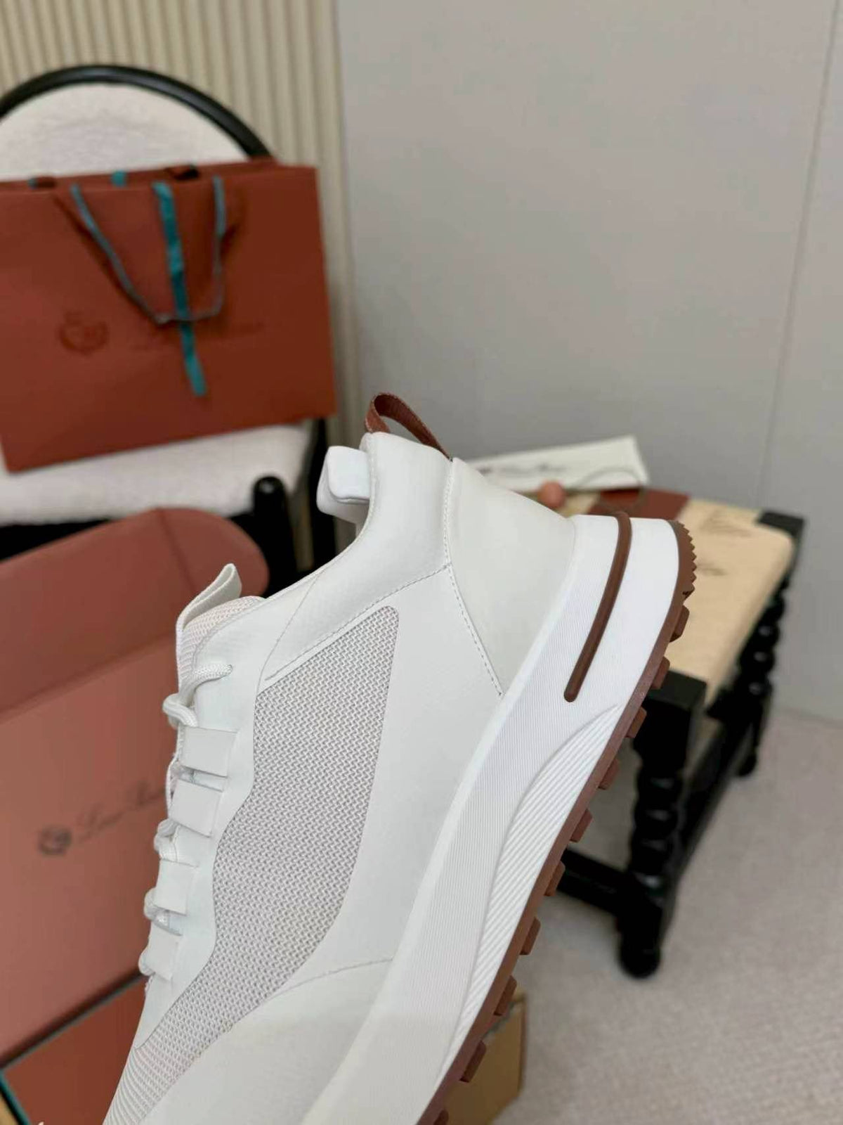 Loro Piana White and Gray Low-Top Sneakers — detail